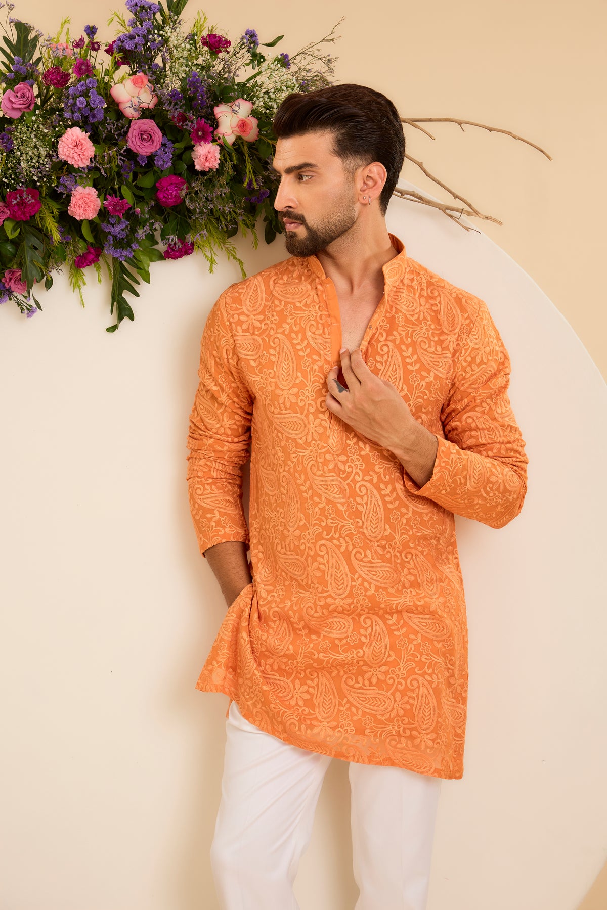 Orange Short chikankari Kurta with Intricate Paisley Embroidery