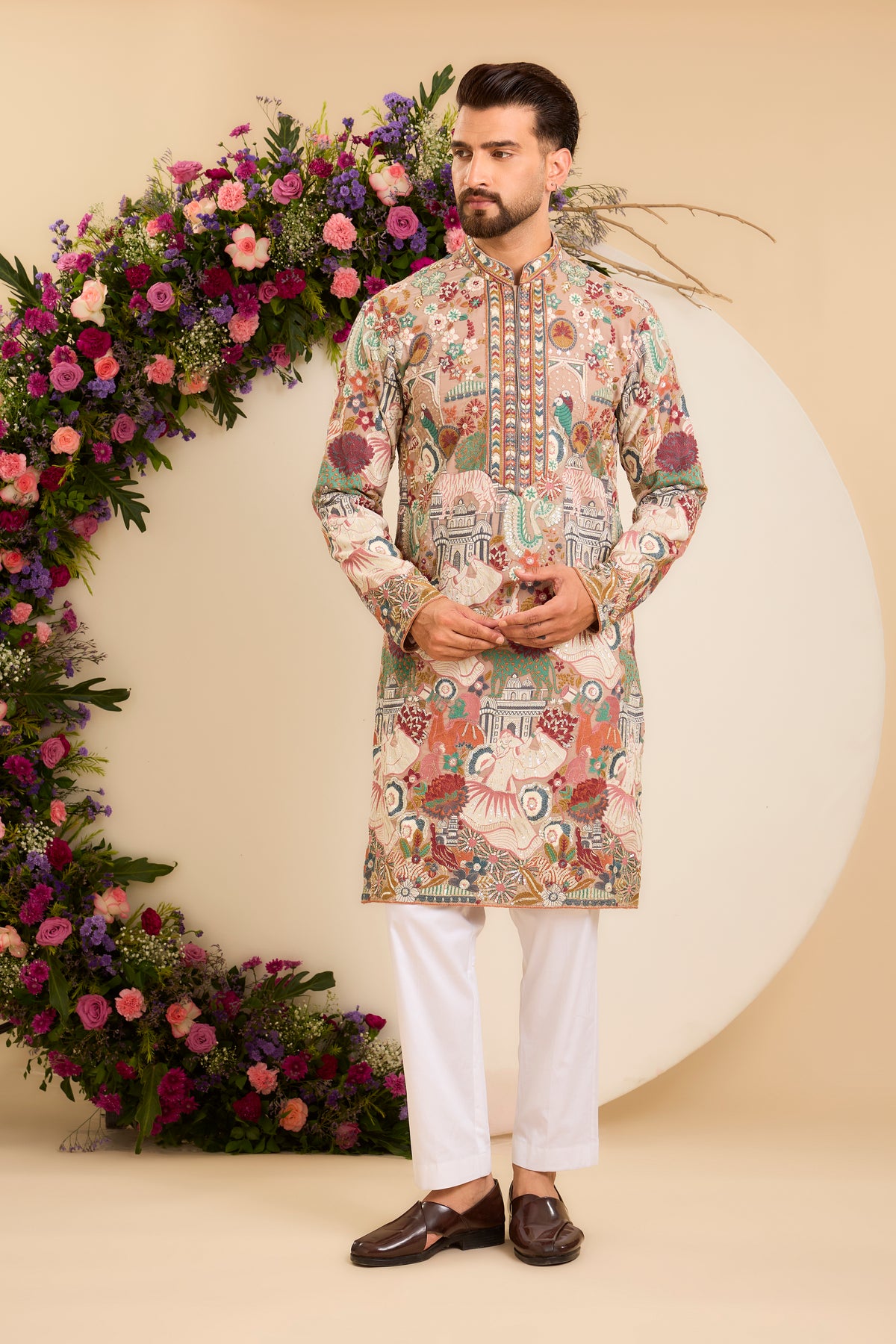 The Courtyard — A Mouse Grey Kurta Alive with Floral and Fauna Embroidery