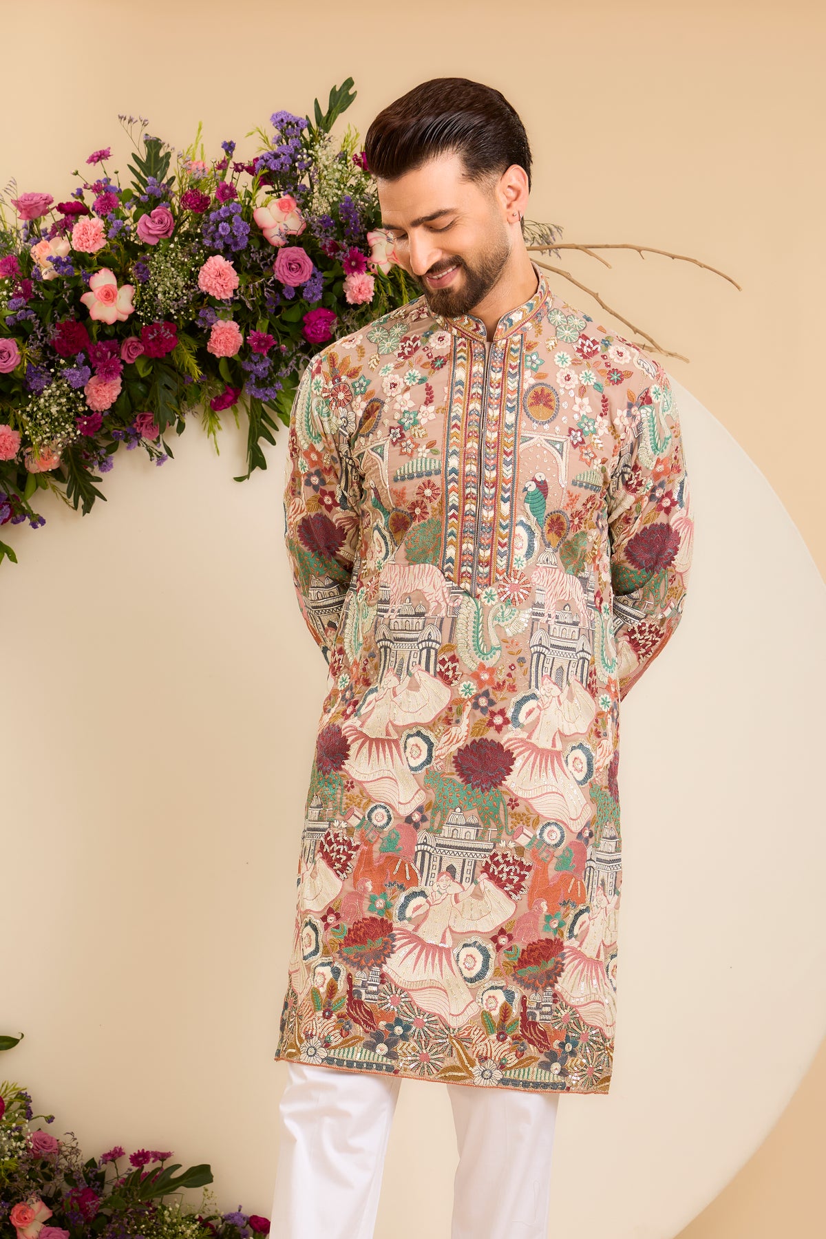 The Courtyard — A Mouse Grey Kurta Alive with Floral and Fauna Embroidery