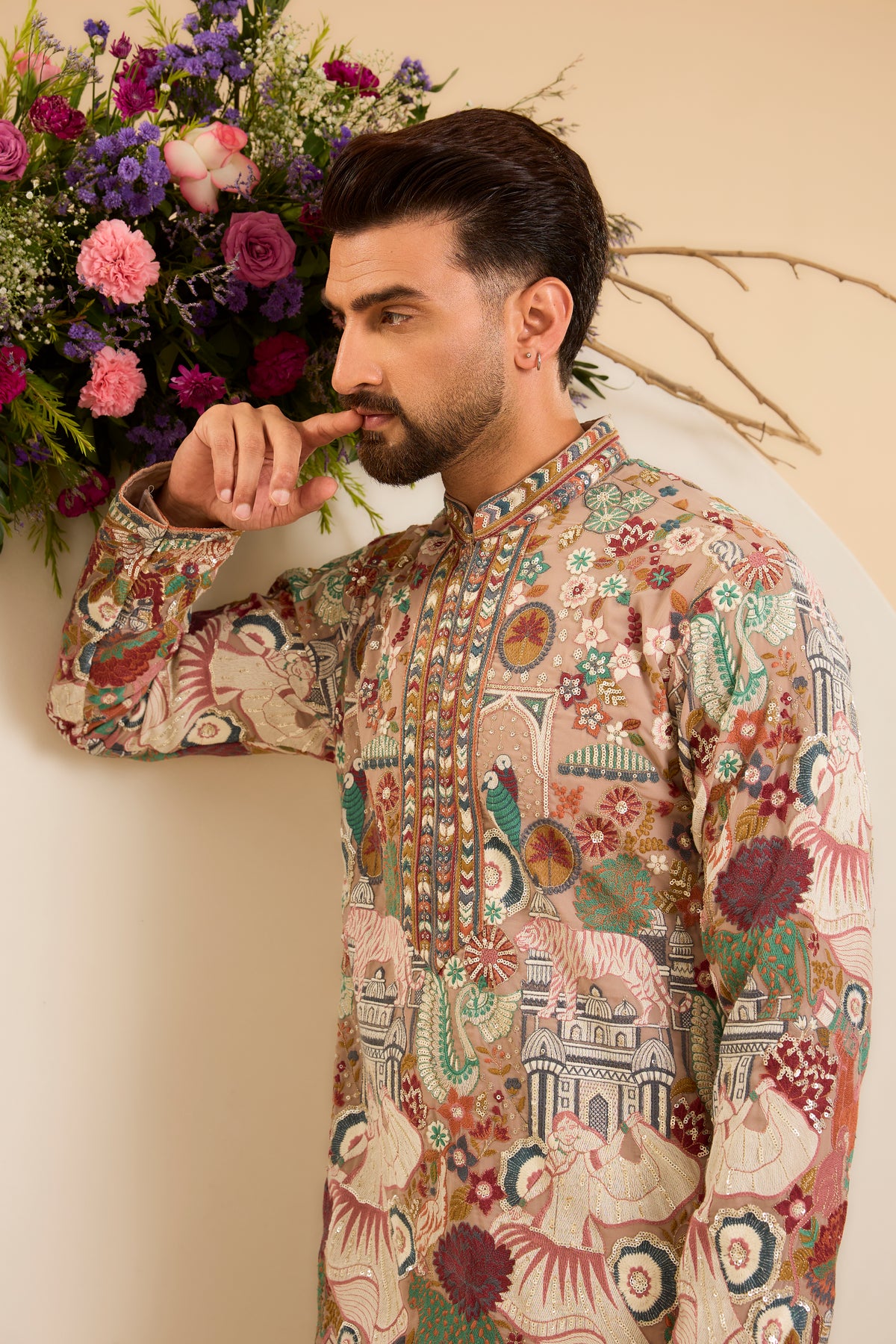 The Courtyard — A Mouse Grey Kurta Alive with Floral and Fauna Embroidery