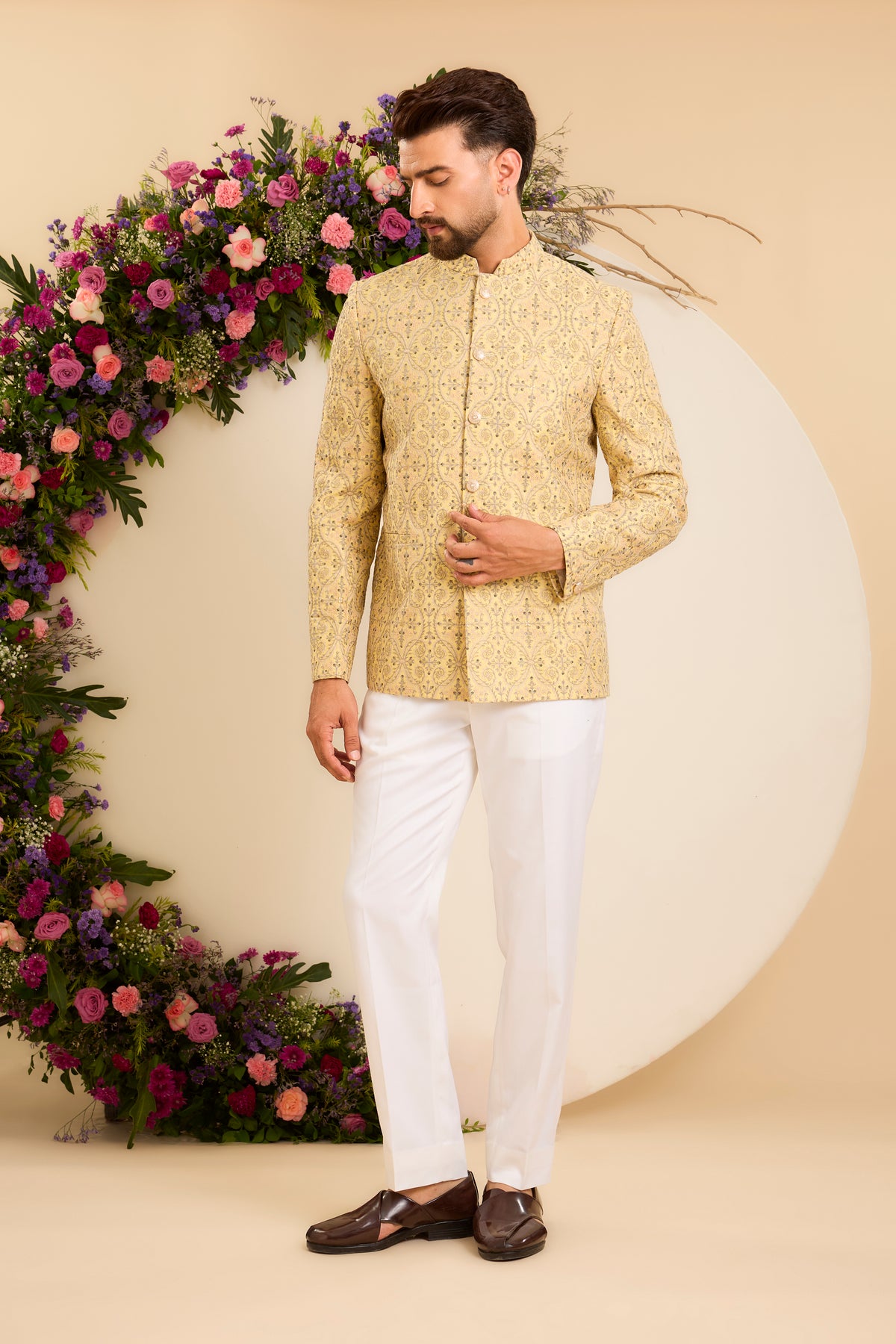 The Savoy —  Bandhgala in yellow, grey and Ivory