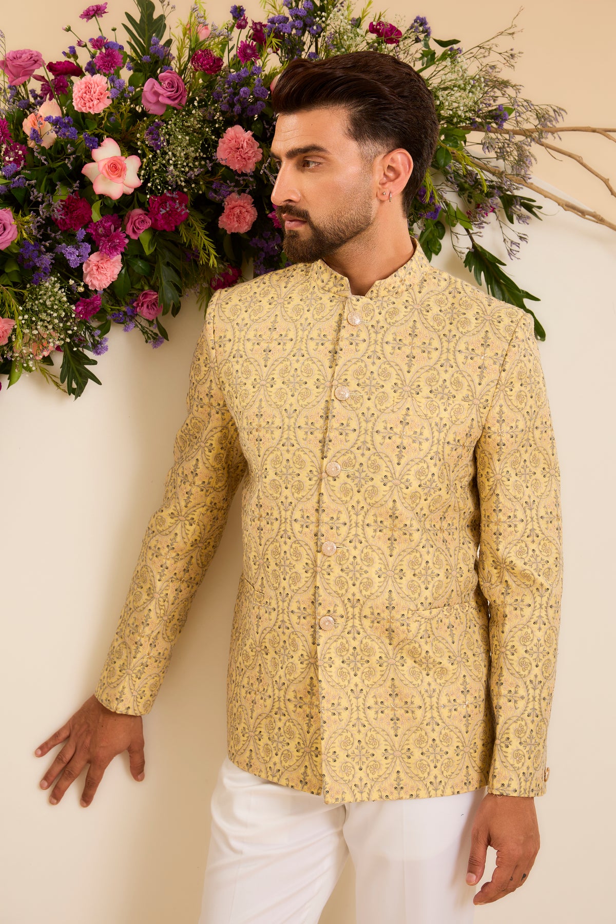 The Savoy —  Bandhgala in yellow, grey and Ivory