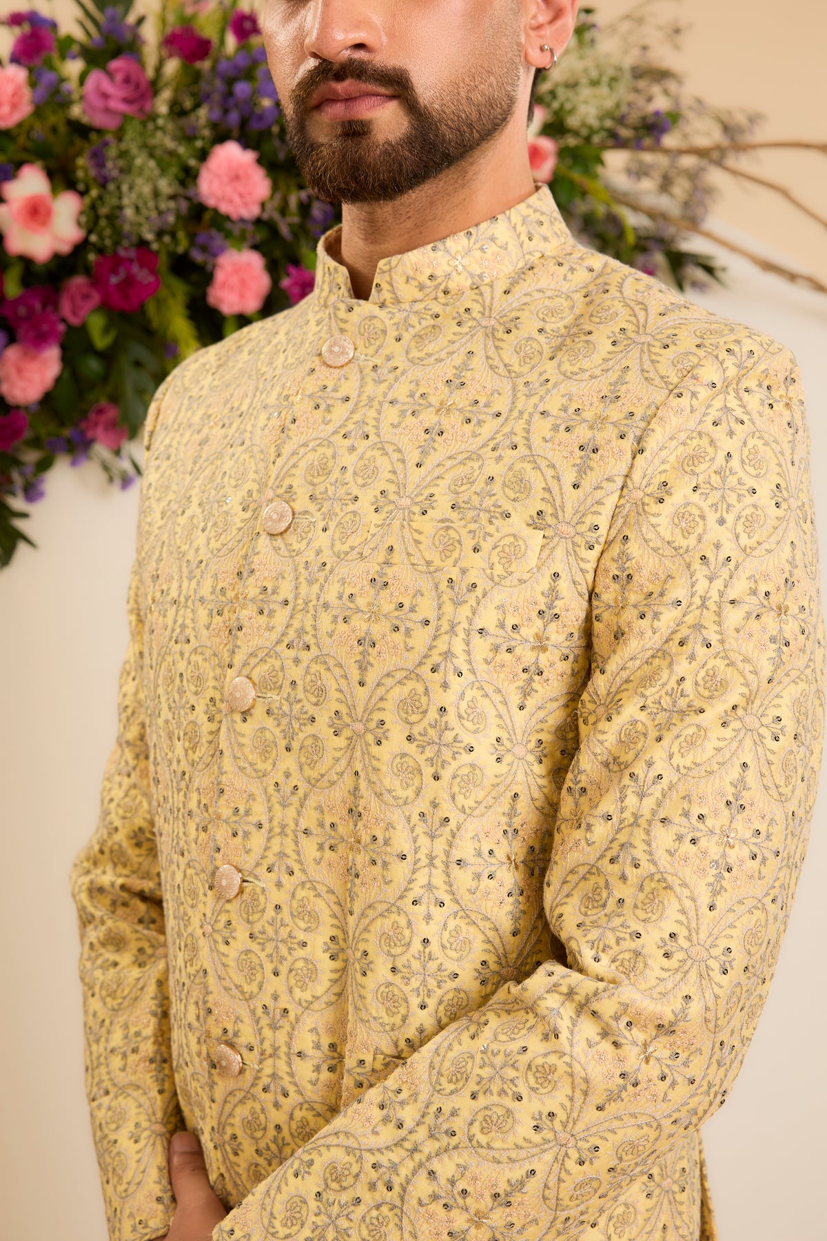 The Savoy —  Bandhgala in yellow, grey and Ivory