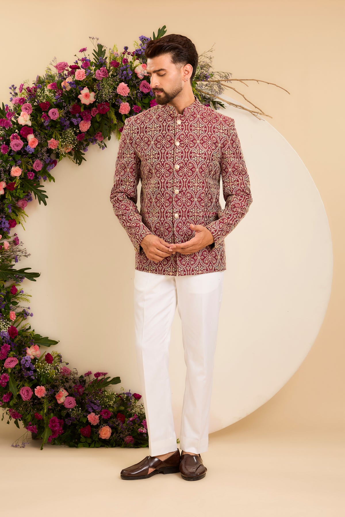 The Savoy —  Bandhgala in maroon and ivory