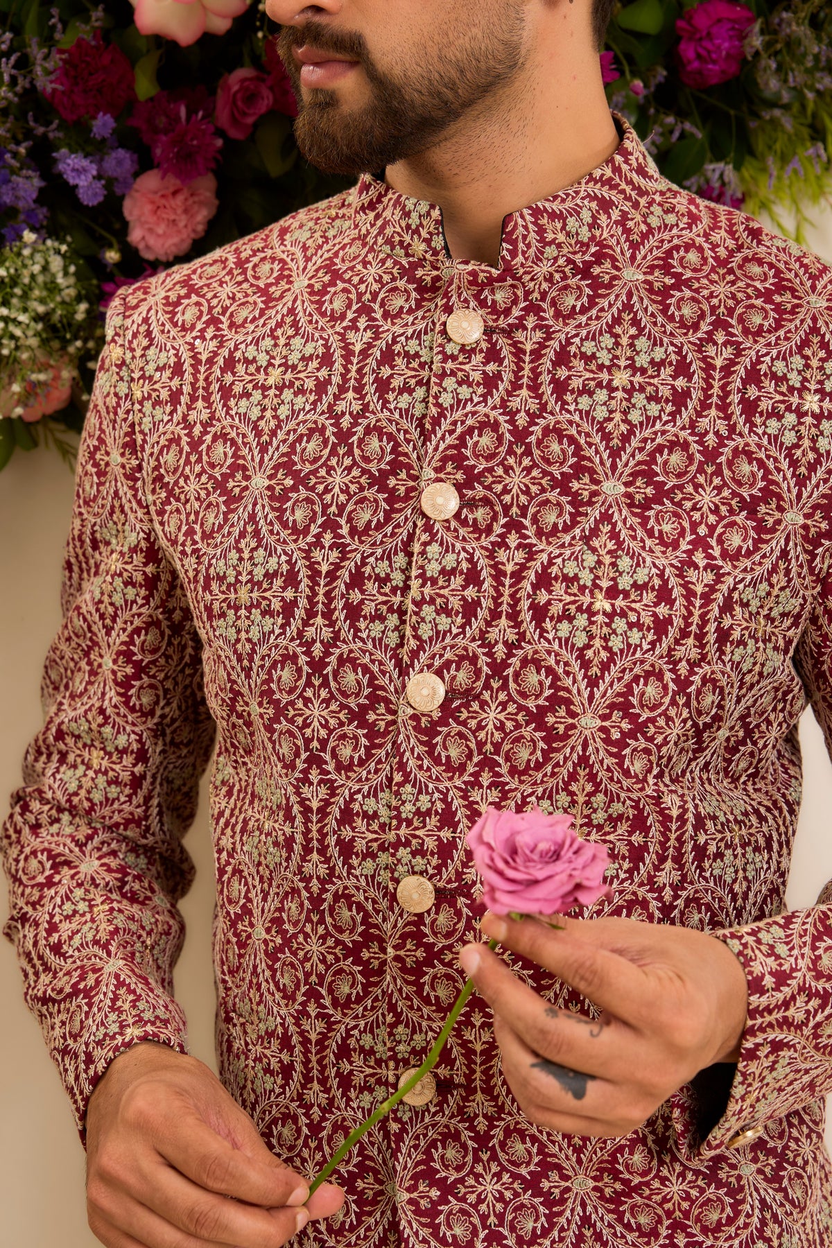 The Savoy —  Bandhgala in maroon and ivory