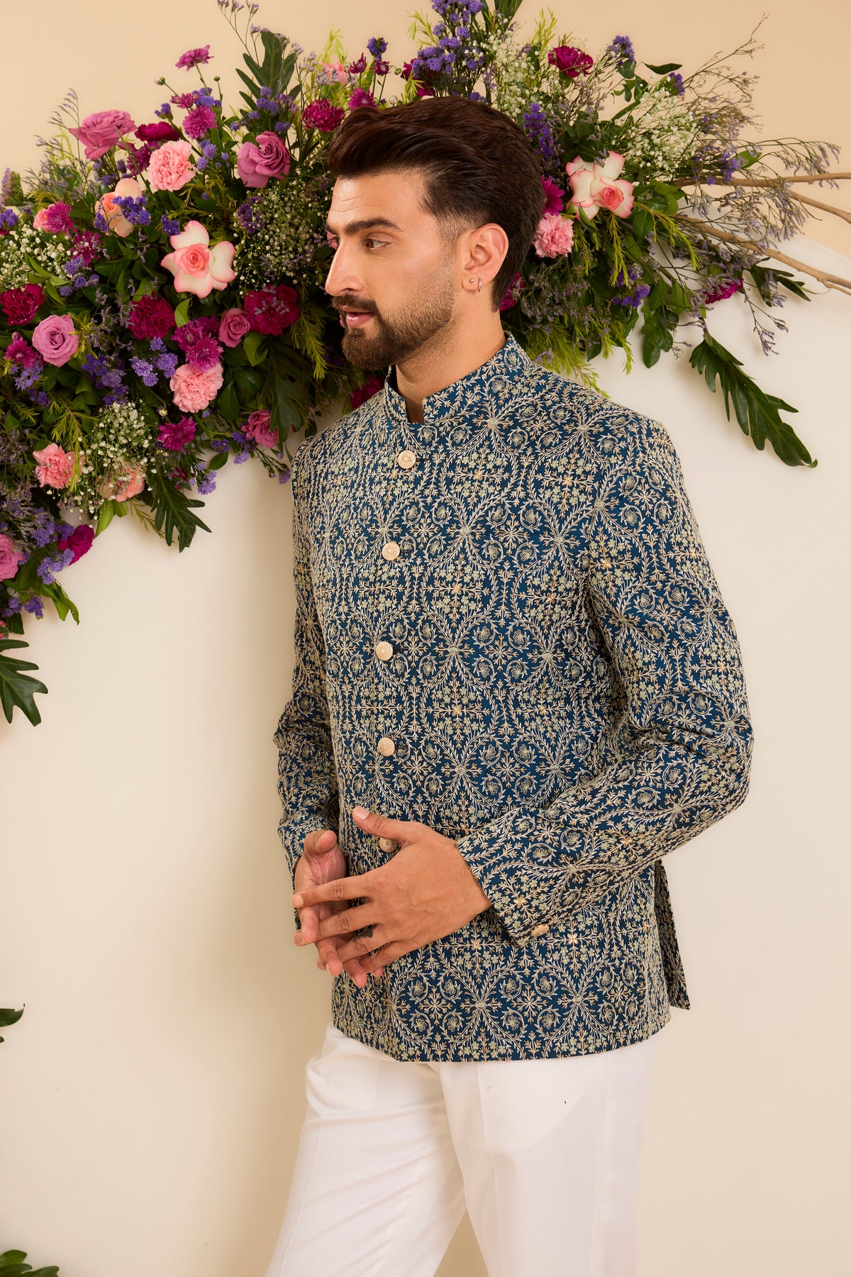 The Savoy —  Bandhgala in blue and ivory