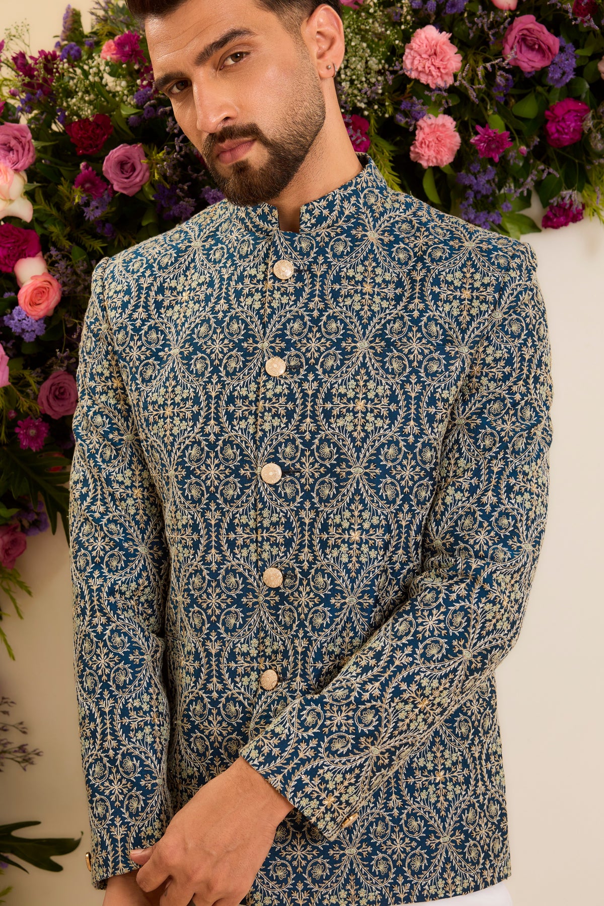 The Savoy —  Bandhgala in blue and ivory