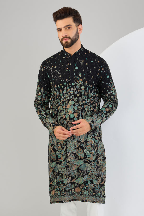 Black sequin kurta with intricate floral embroidery.