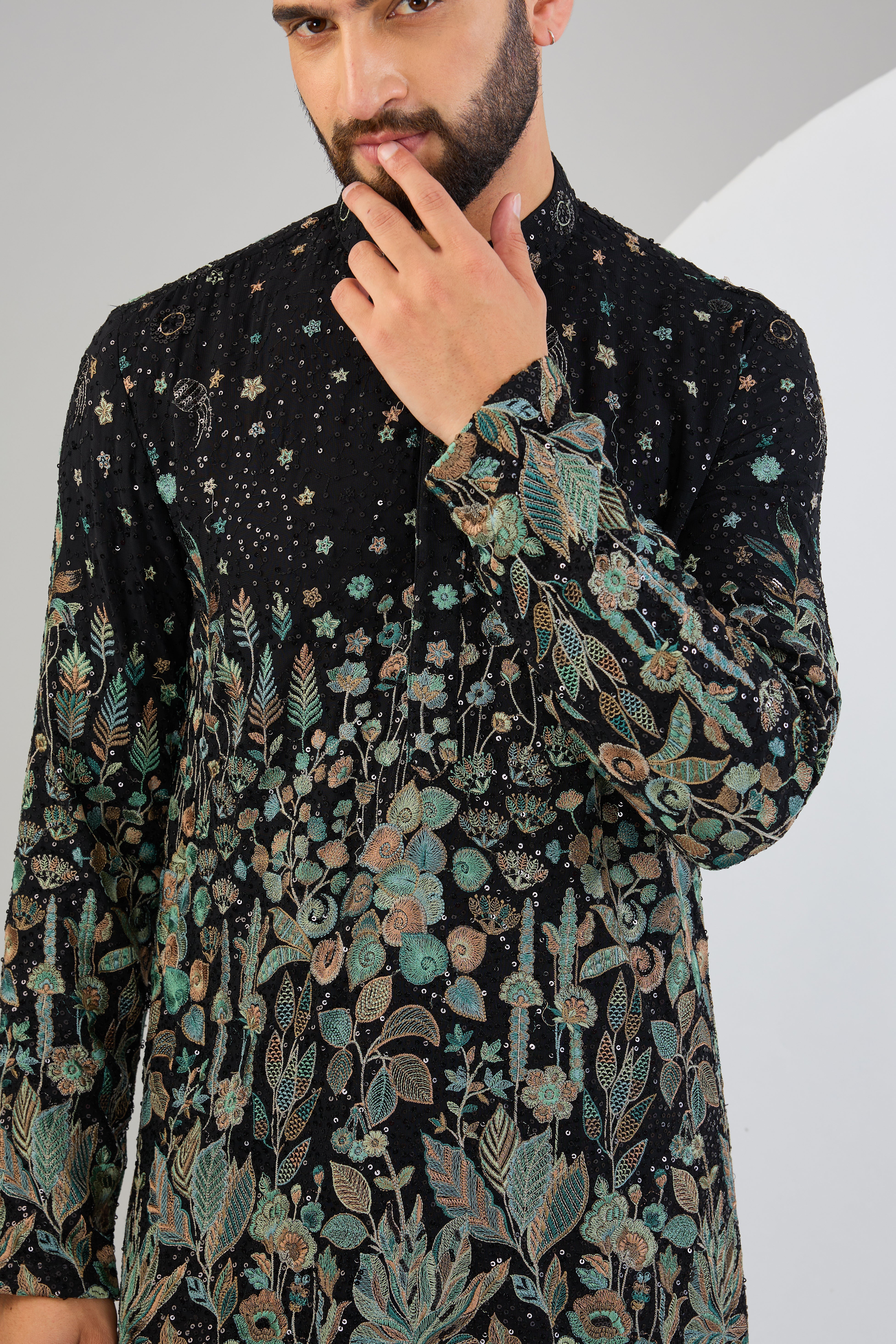 Black sequin kurta with intricate floral embroidery. - kasbahmen