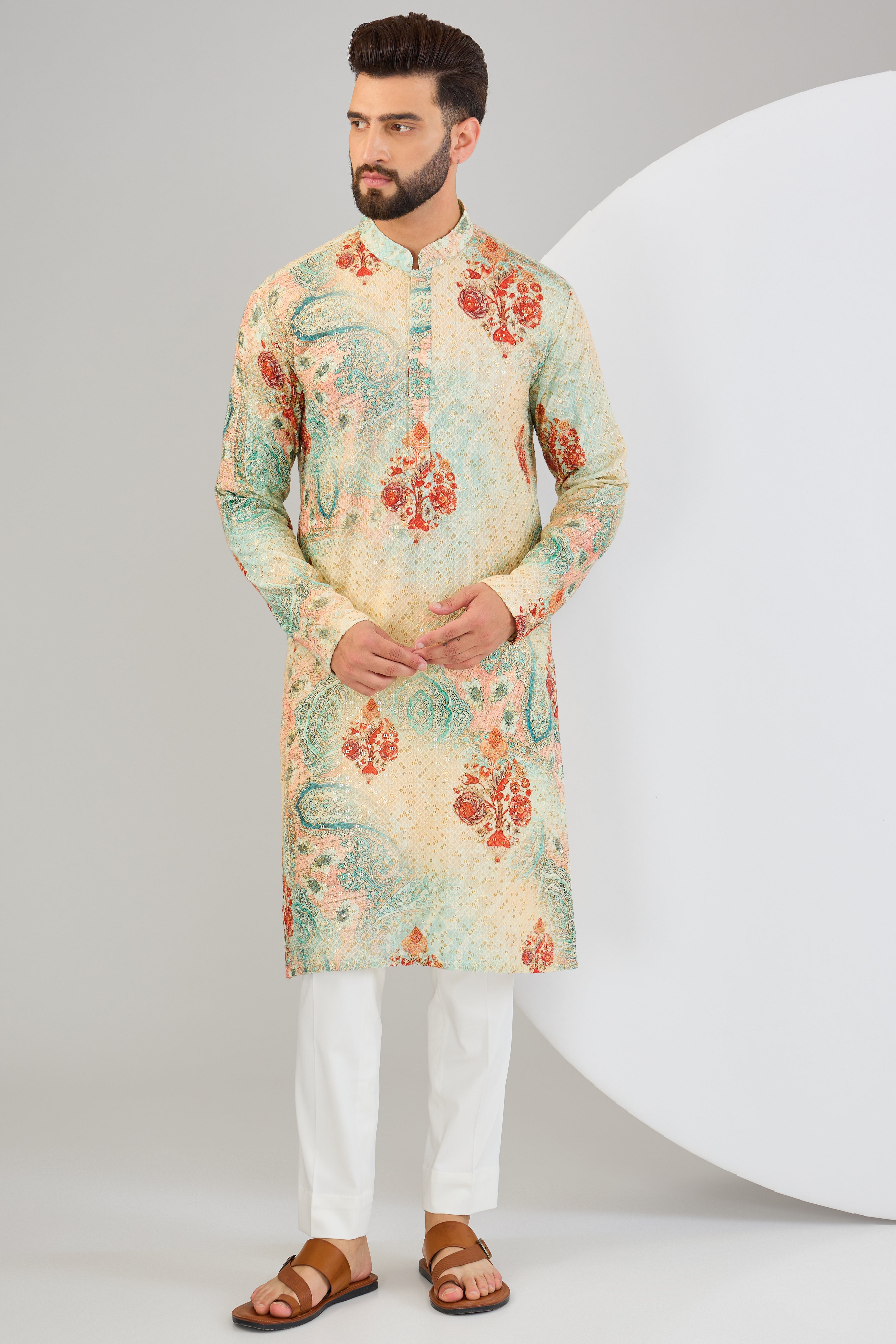 Multi-coloured chikankari kurta with sequins embroidery and kalamkari print. - kasbahmen