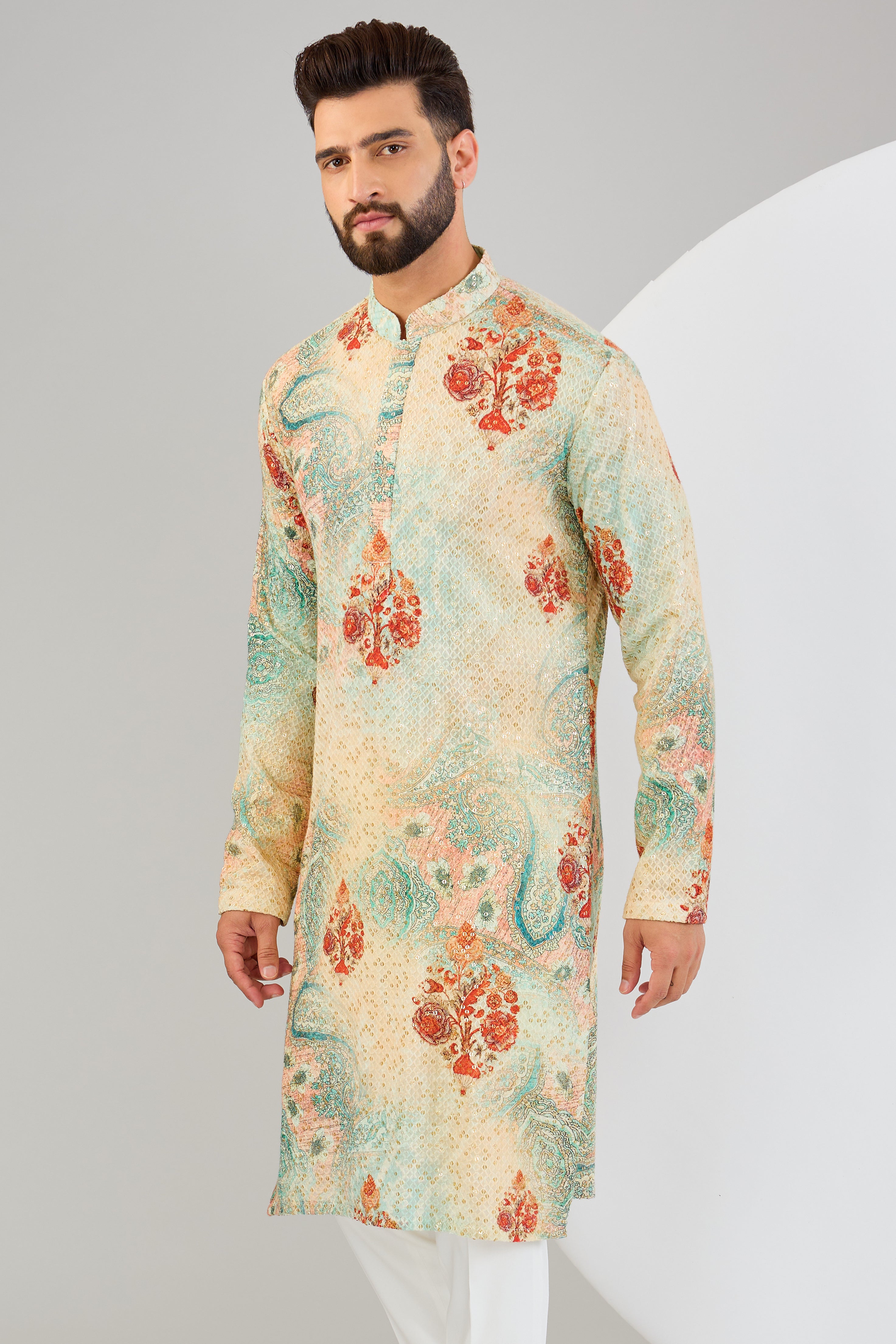 Multi-coloured chikankari kurta with sequins embroidery and kalamkari print. - kasbahmen