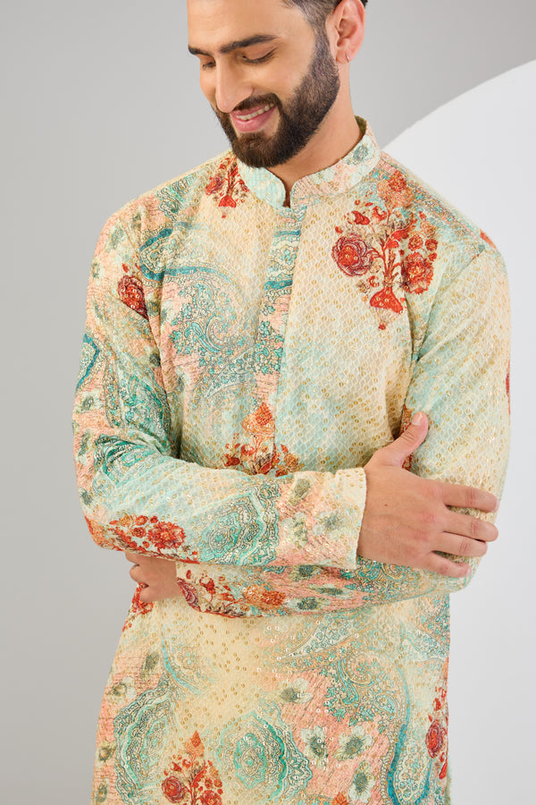 Multi-coloured chikankari kurta with sequins embroidery and kalamkari print. - kasbahmen