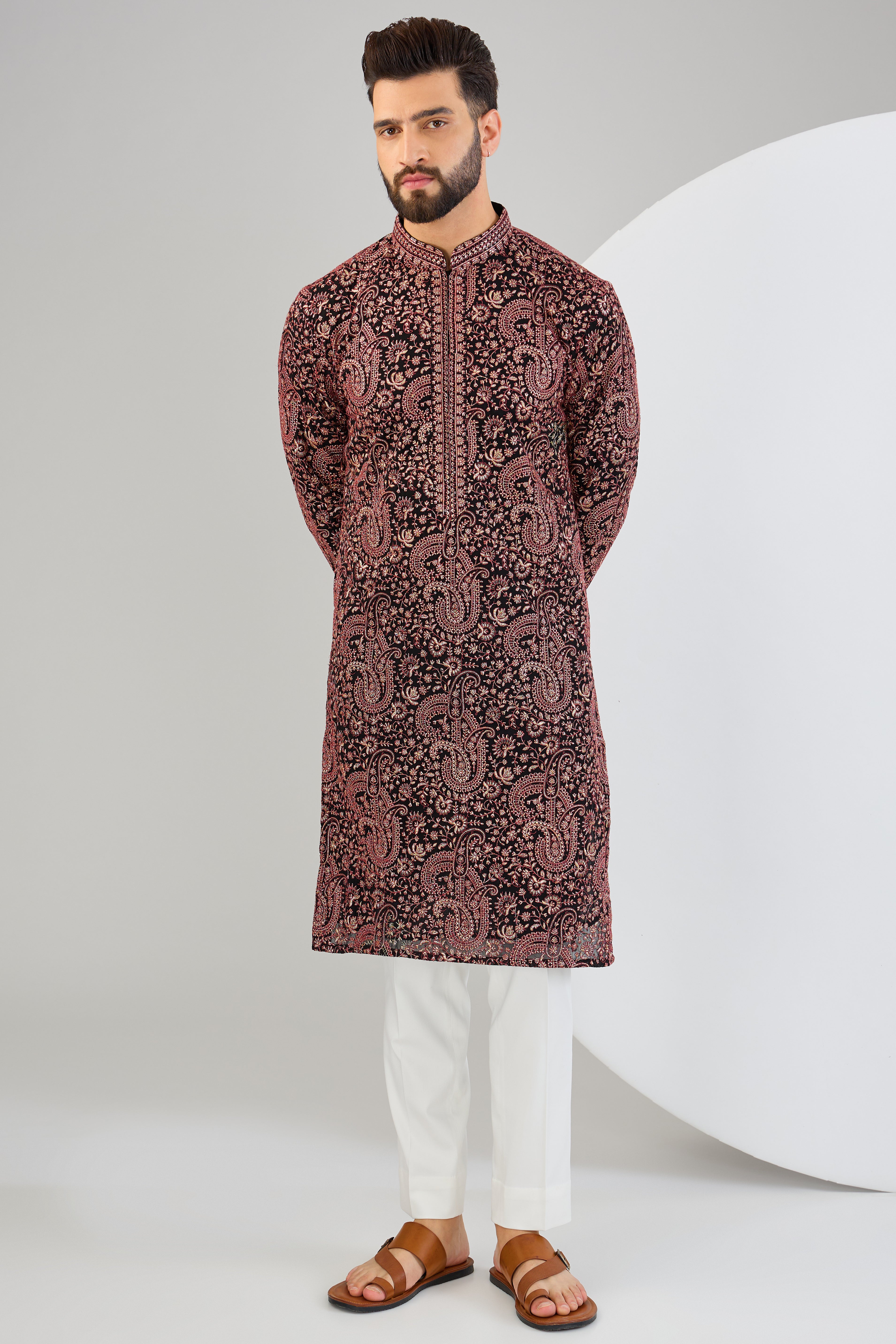 Black chikankari kurta with intricate paisley motifs and detailed gota embroidery. - kasbahmen