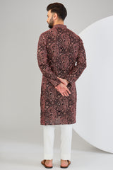 Black chikankari kurta with intricate paisley motifs and detailed gota embroidery. - kasbahmen