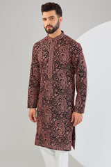 Black chikankari kurta with intricate paisley motifs and detailed gota embroidery. - kasbahmen