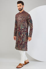 Wine flora and fauna chikankari kurta with multi-threadwork and detailed sequin embroidery. - kasbahmen