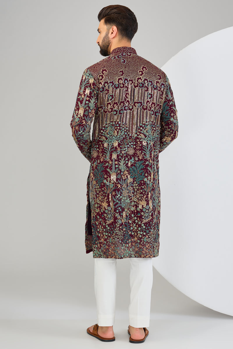 Wine flora and fauna chikankari kurta with multi-threadwork and detailed sequin embroidery. - kasbahmen