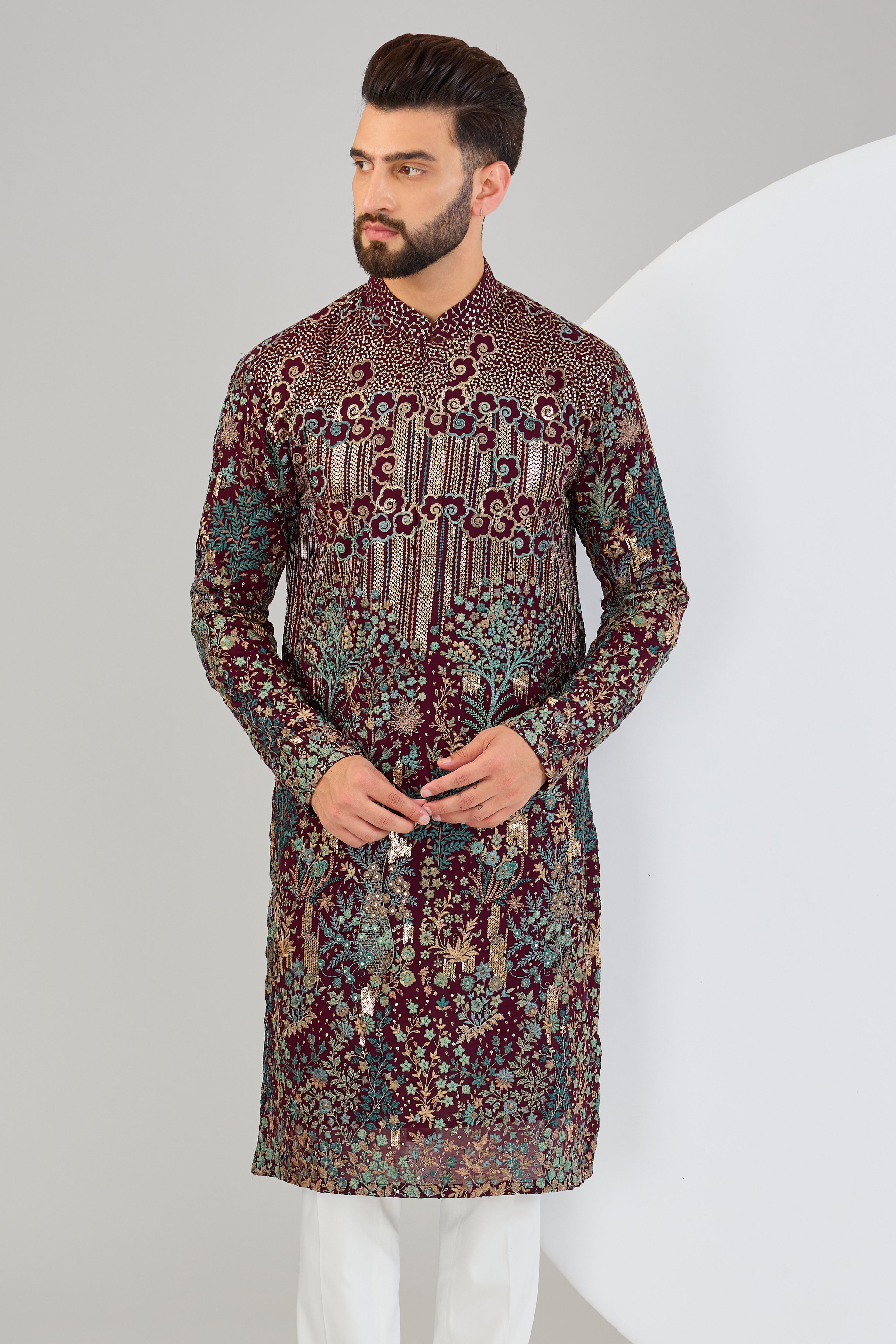 Wine flora and fauna chikankari kurta with multi-threadwork and detailed sequin embroidery. - kasbahmen