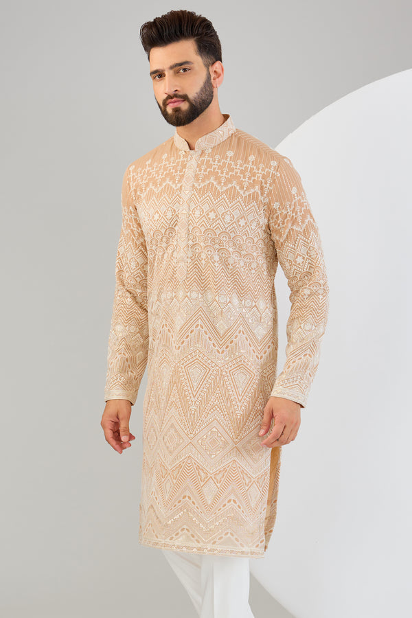 Beige geometrically embroidered chikankari kurta - kasbahmen