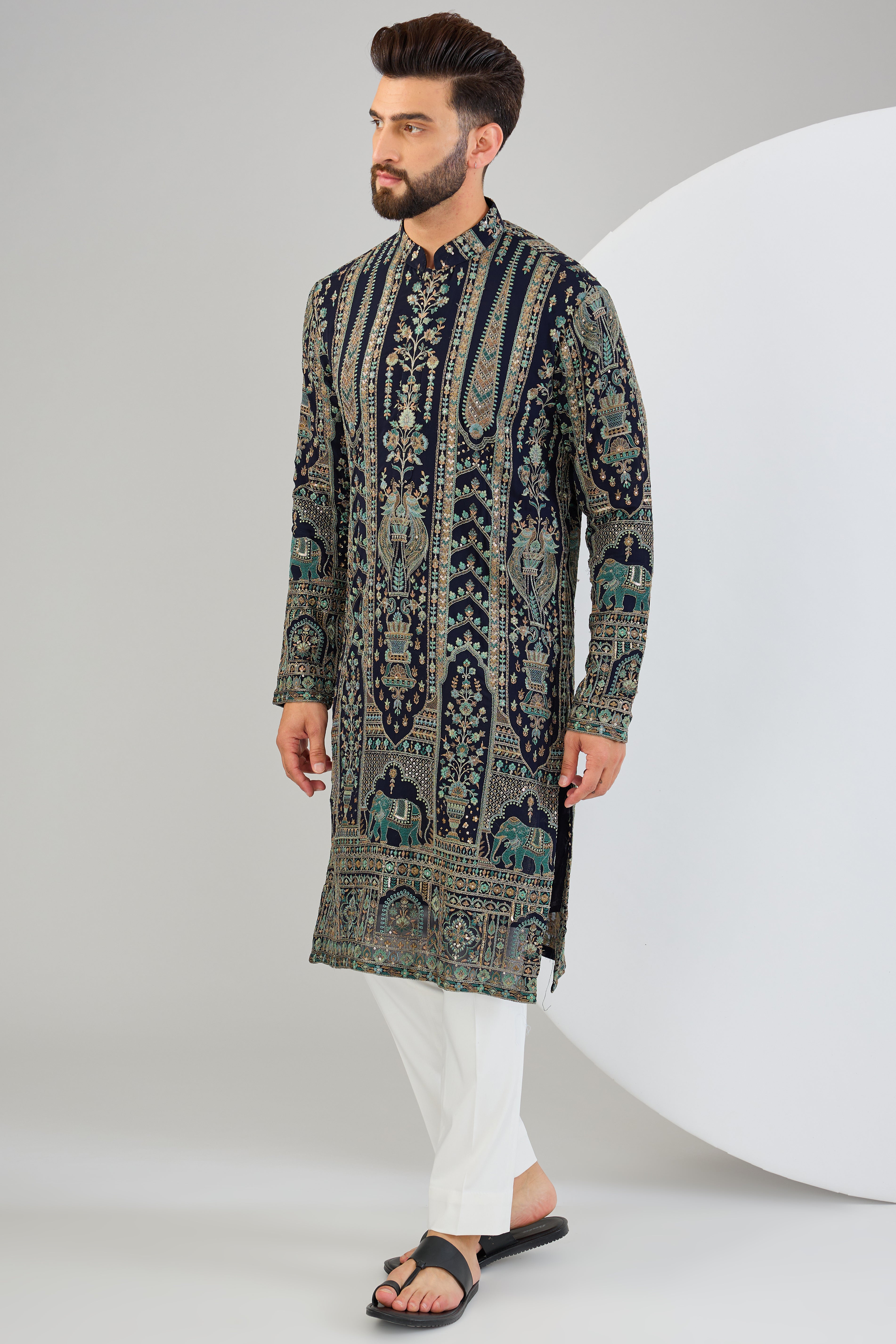 Navy blue chikankari kurta with intricate flora and fauna embroidery. - kasbahmen