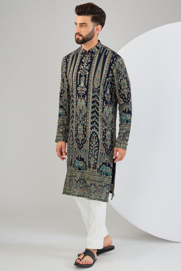 Navy blue chikankari kurta with intricate flora and fauna embroidery.