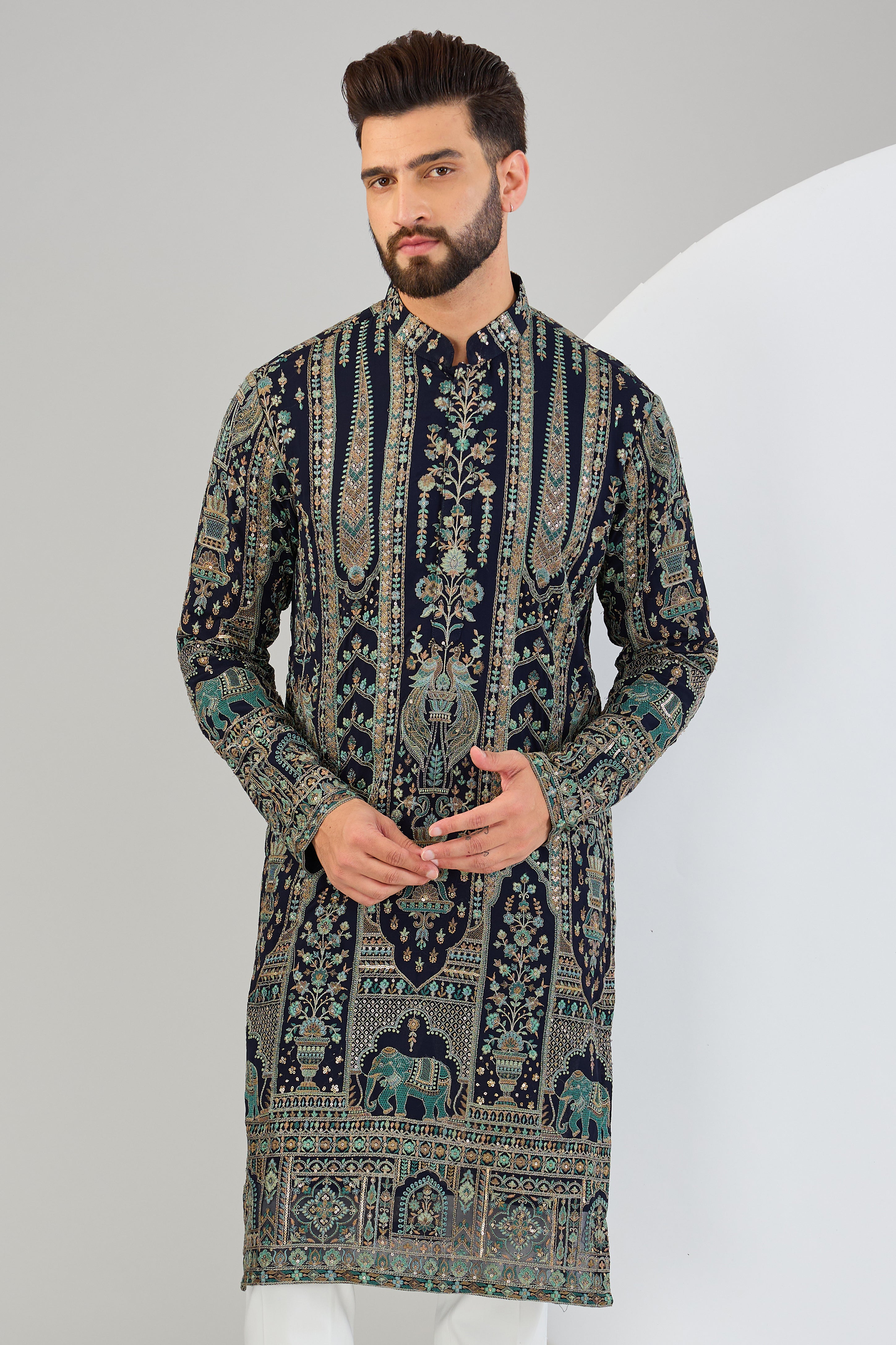 Navy blue chikankari kurta with intricate flora and fauna embroidery. - kasbahmen