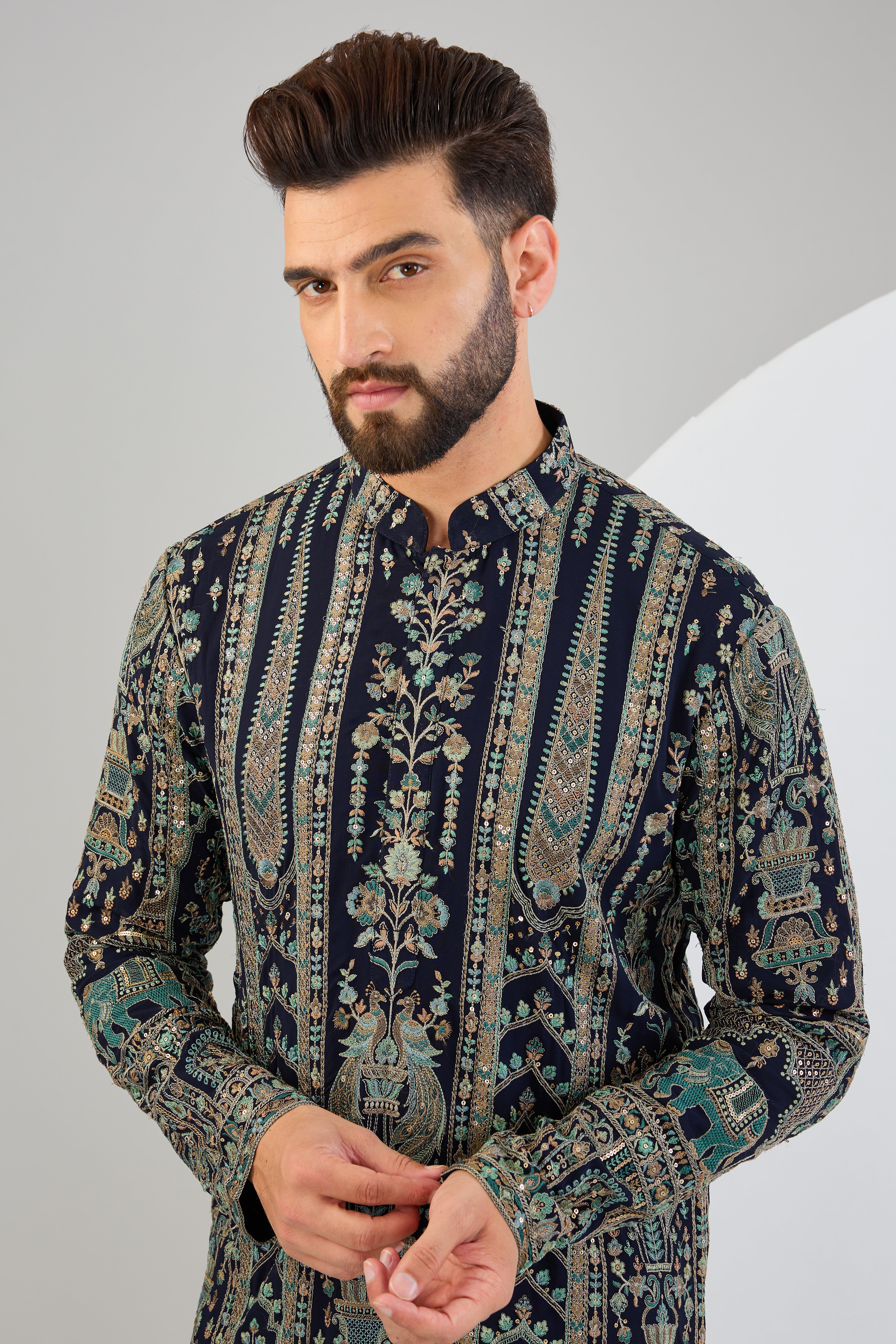 Navy blue chikankari kurta with intricate flora and fauna embroidery. - kasbahmen