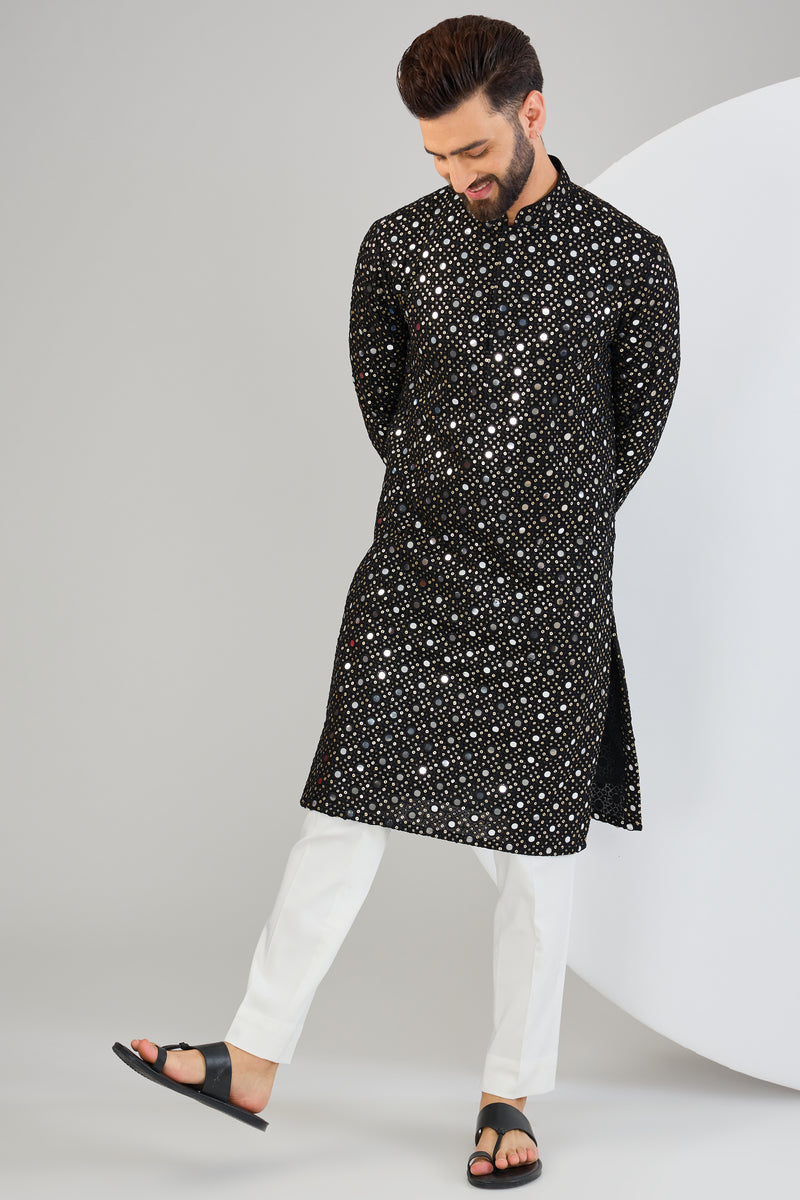 Signature black mirror-work kurta