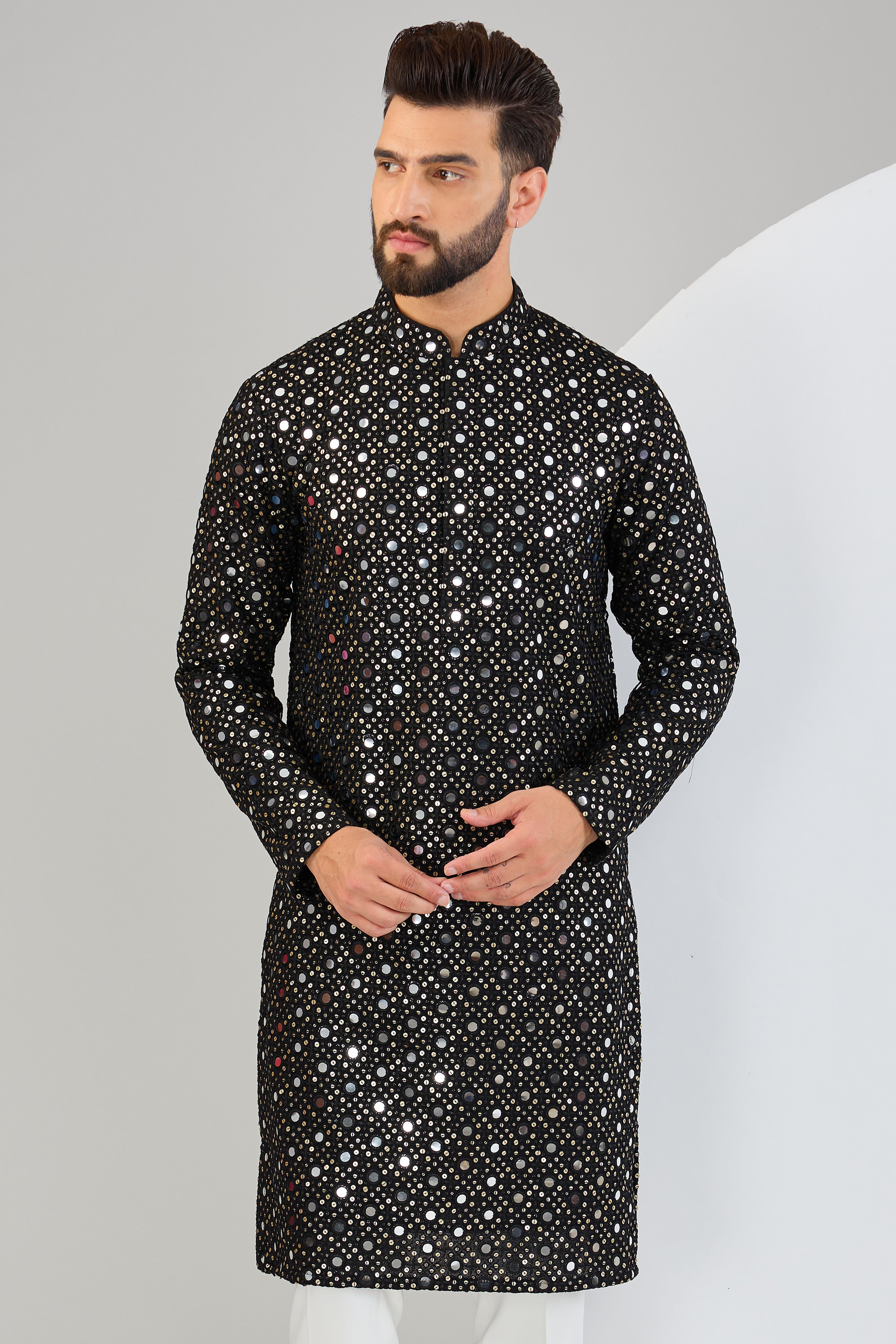 Signature black mirror-work kurta - kasbahmen