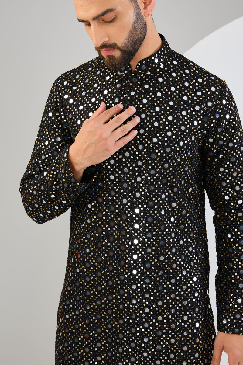 Signature black mirror-work kurta