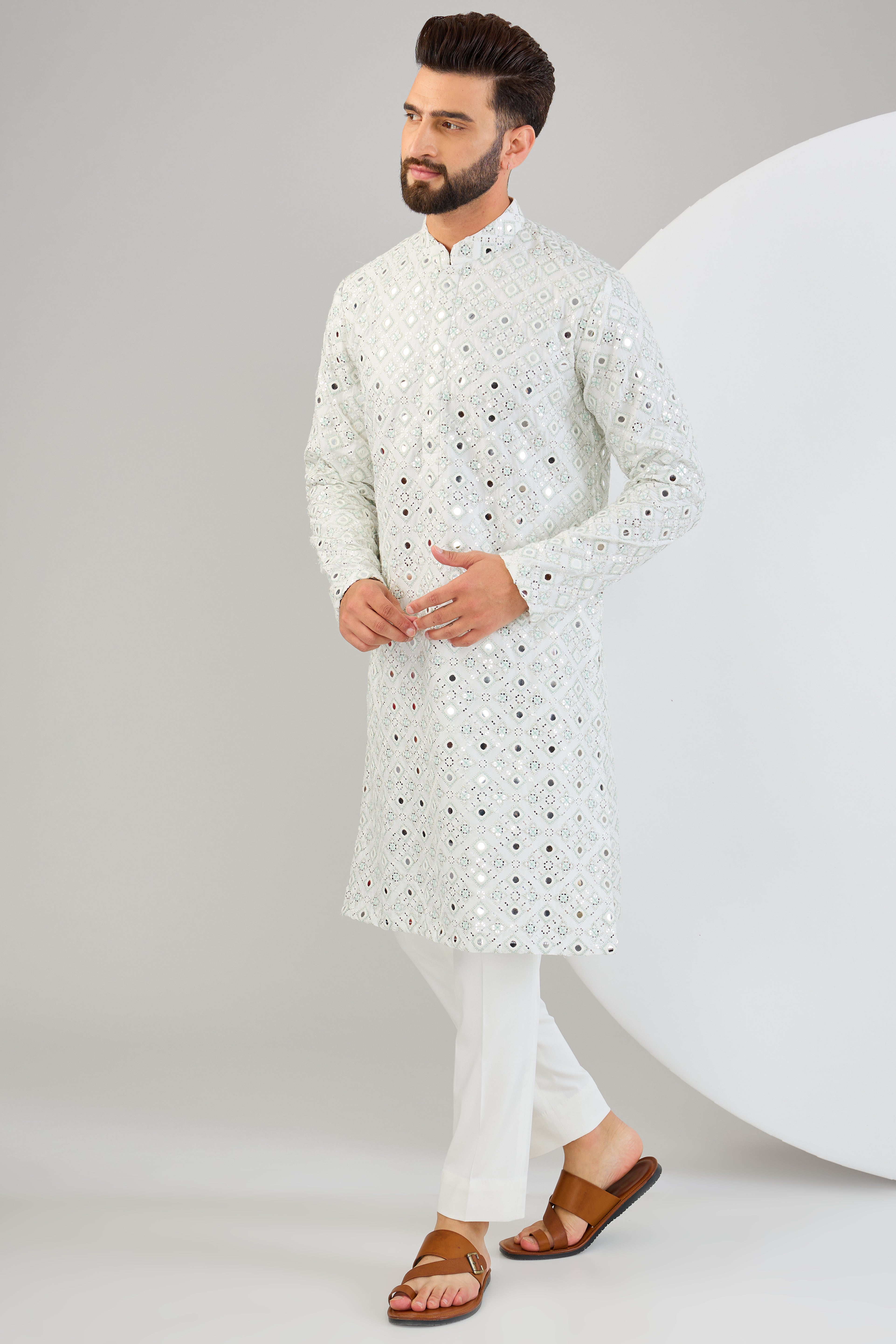 Signature mirror-work kurta with sea-green and ivory thread-work. - kasbahmen