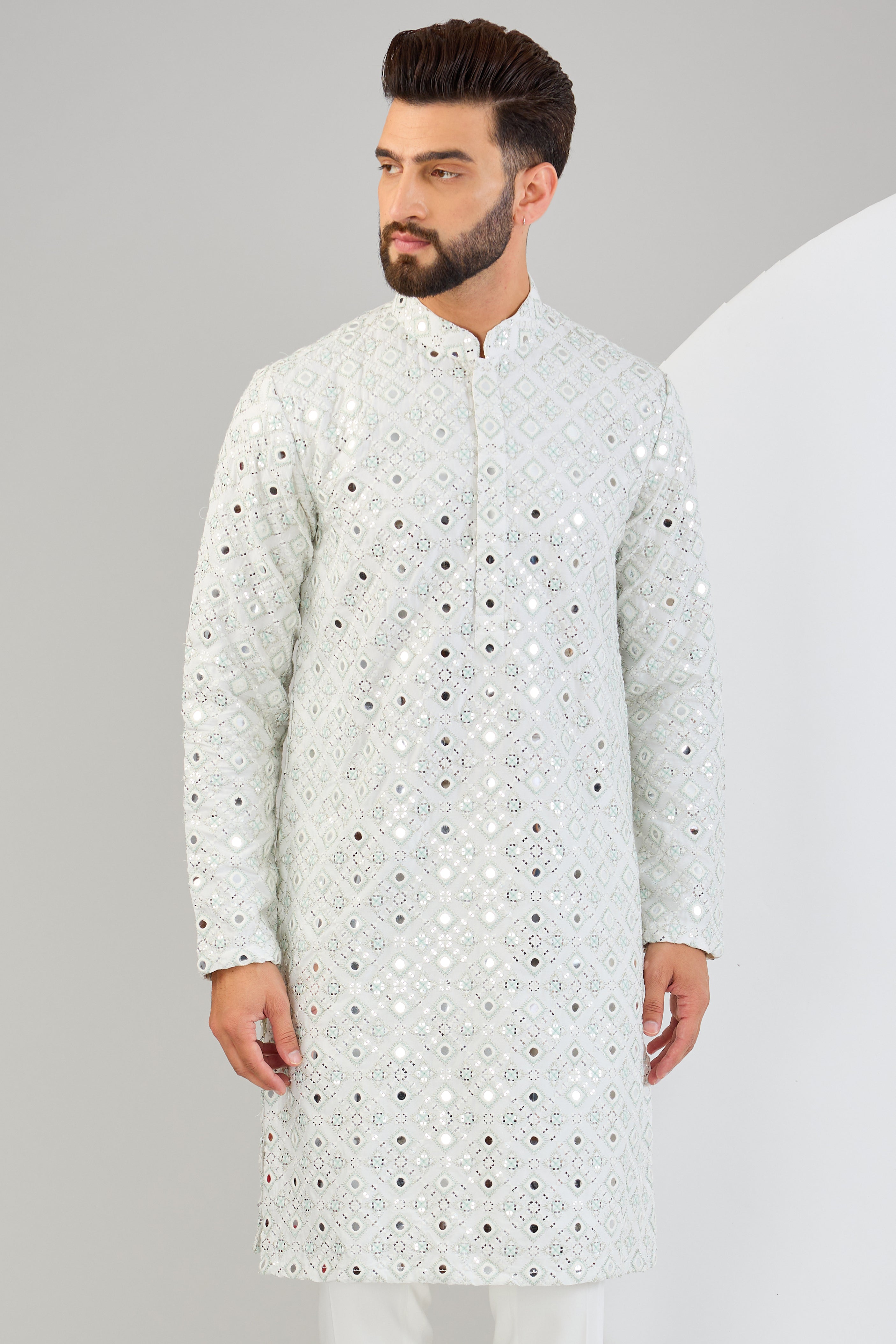 Signature mirror-work kurta with sea-green and ivory thread-work. - kasbahmen