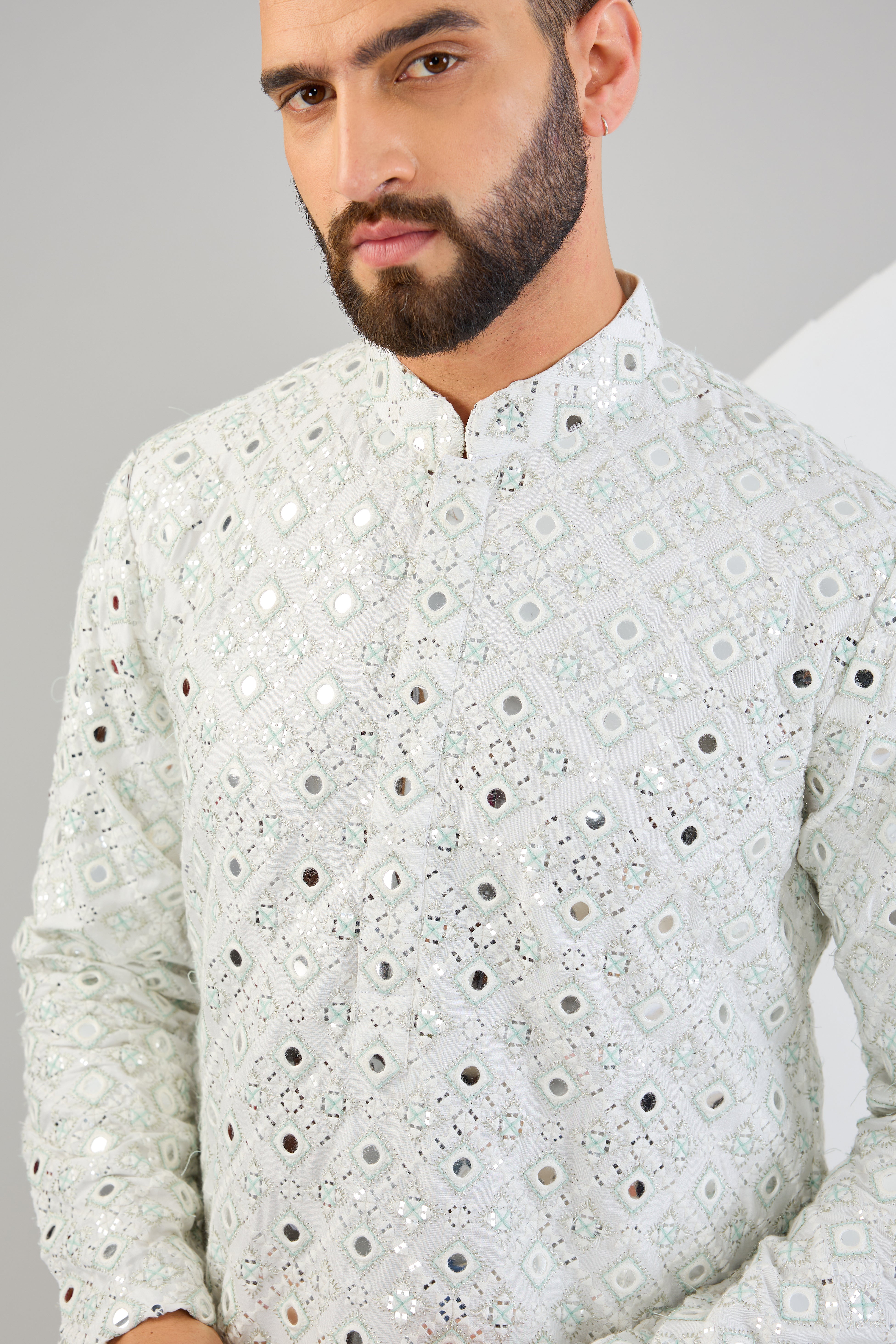 Signature mirror-work kurta with sea-green and ivory thread-work. - kasbahmen