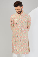 Signature cream mirror-work kurta with intricate mulit-thread work and zari-detailing.