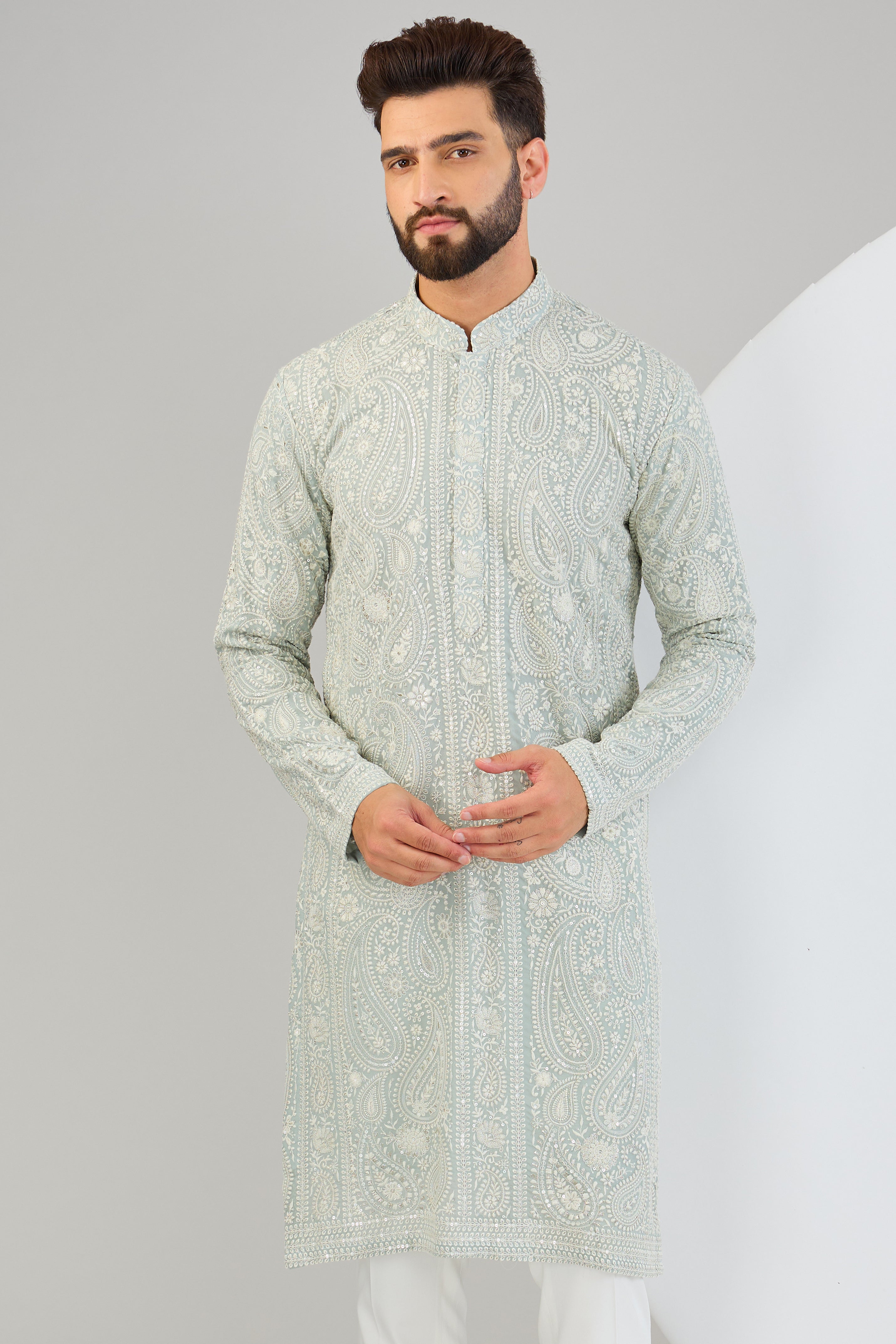 Ice-blue chikankari kurta with paisley embroidery. - kasbahmen