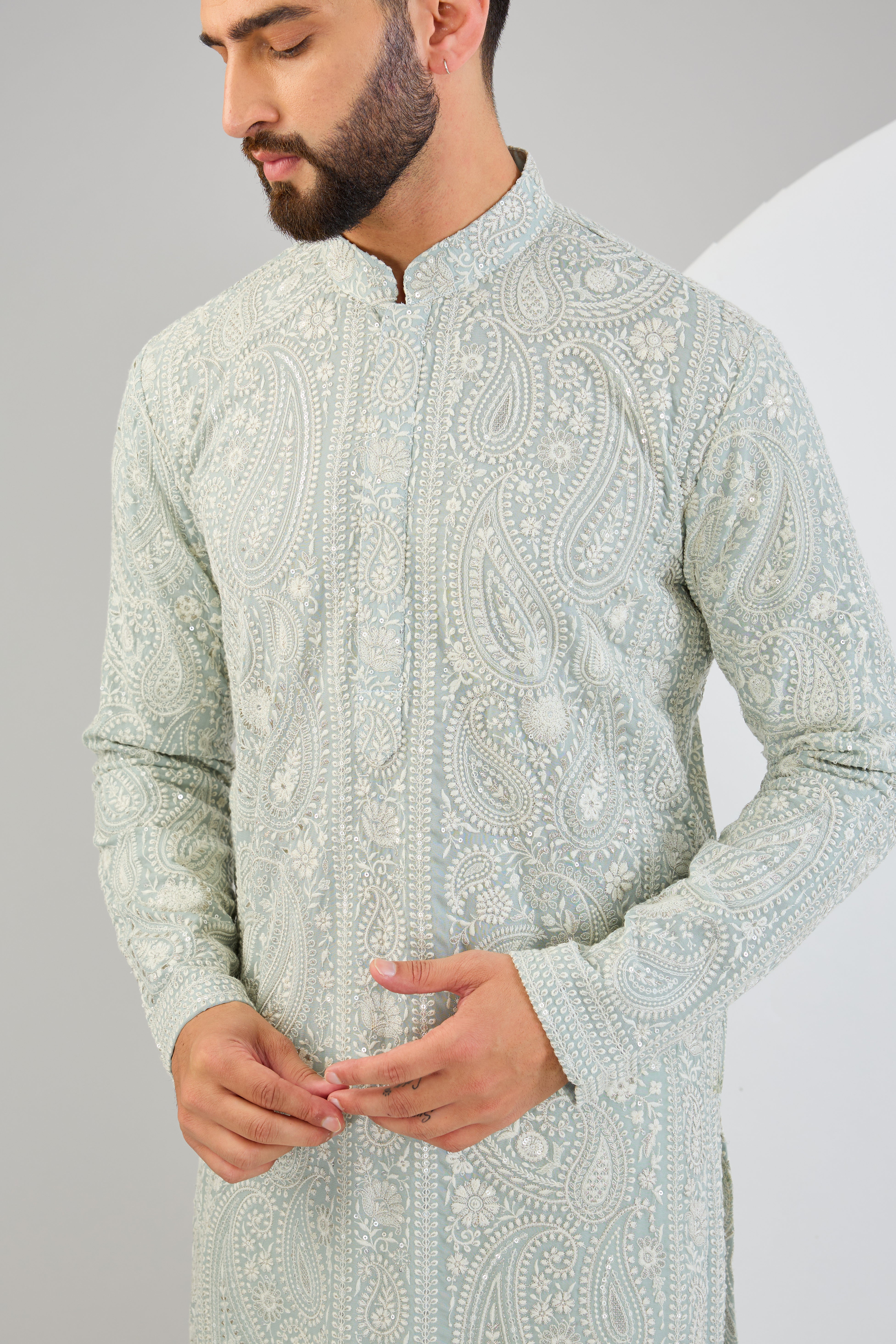 Ice-blue chikankari kurta with paisley embroidery. - kasbahmen