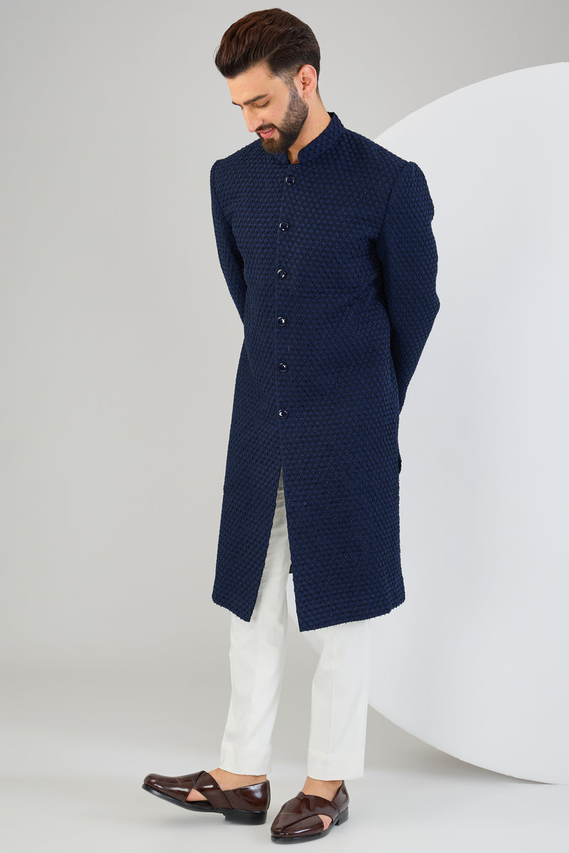 Classic navy-blue threadwork sherwani with intricate cut-dana embroidery. - kasbahmen