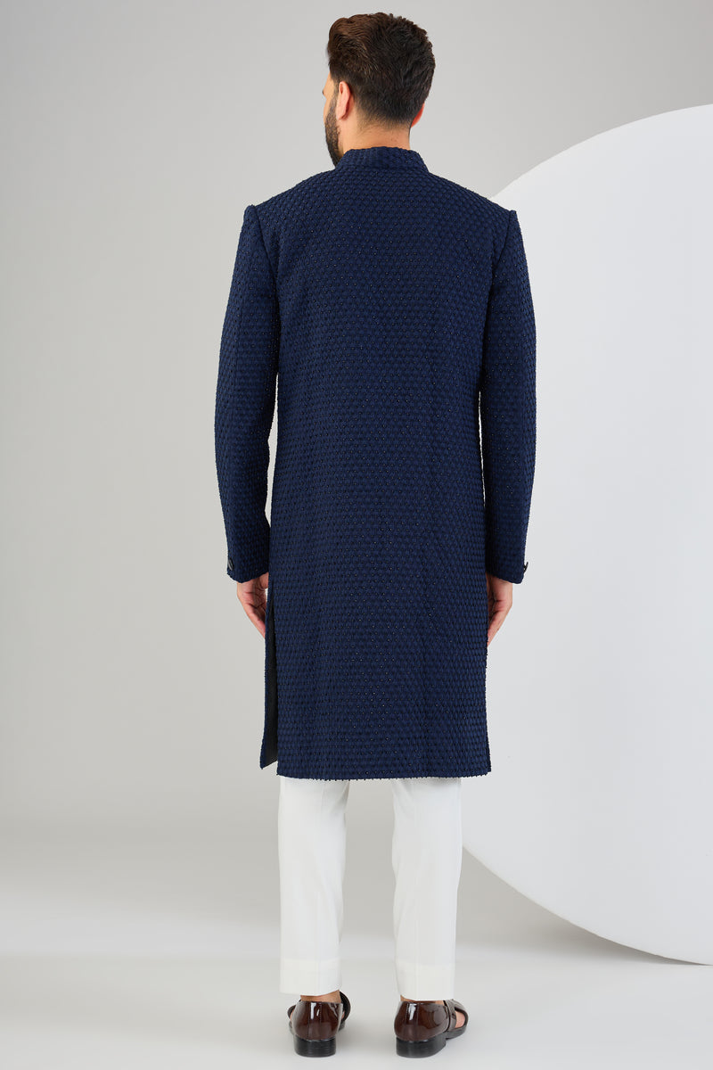 Classic navy-blue threadwork sherwani with intricate cut-dana embroidery. - kasbahmen