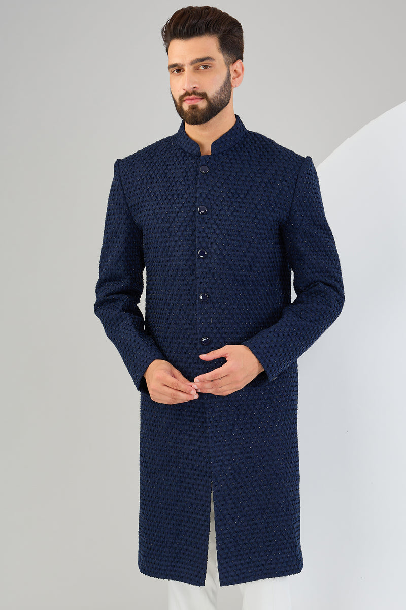 Classic navy-blue threadwork sherwani with intricate cut-dana embroidery. - kasbahmen