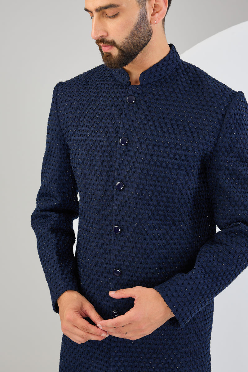 Classic navy-blue threadwork sherwani with intricate cut-dana embroidery. - kasbahmen