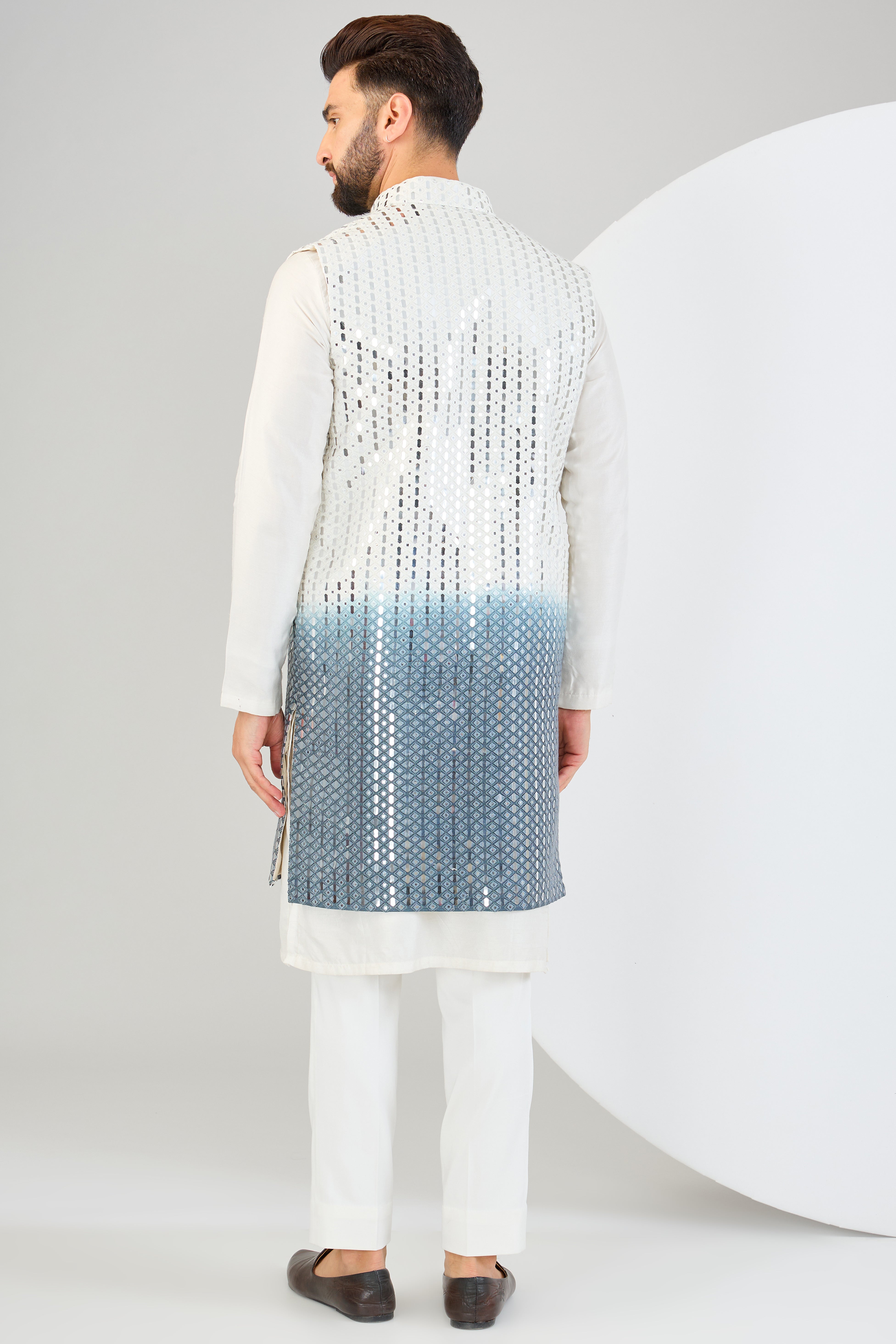 Signature ombre shaded long open jacket with heavy mirror-work. - kasbahmen