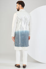 Signature ombre shaded long open jacket with heavy mirror-work.