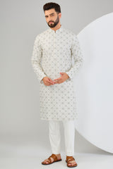 Ivory chikankari kurta with intricate multi-thread and zari work. - kasbahmen