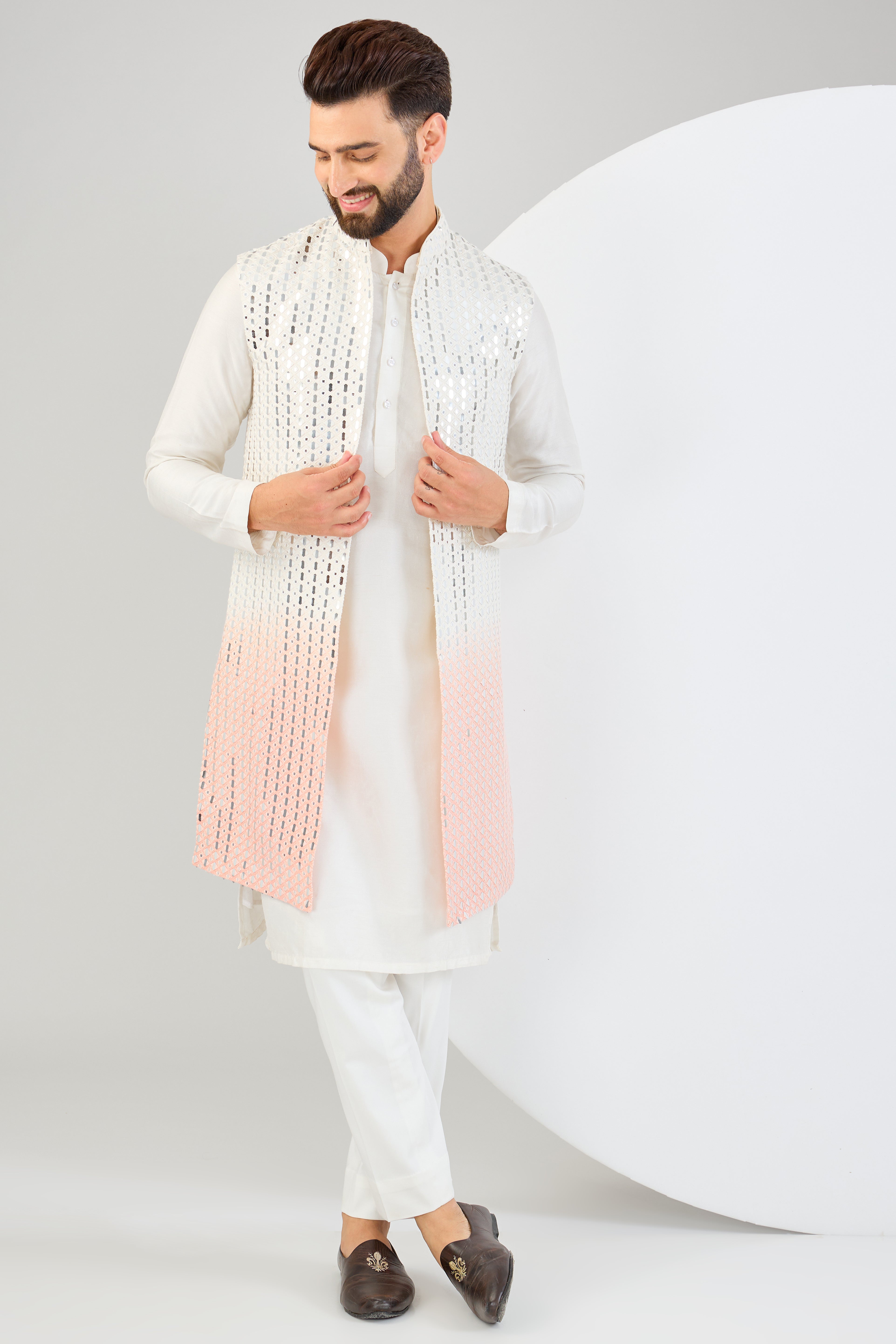 Signature ombre shaded long open jacket with heavy mirror-work. - kasbahmen