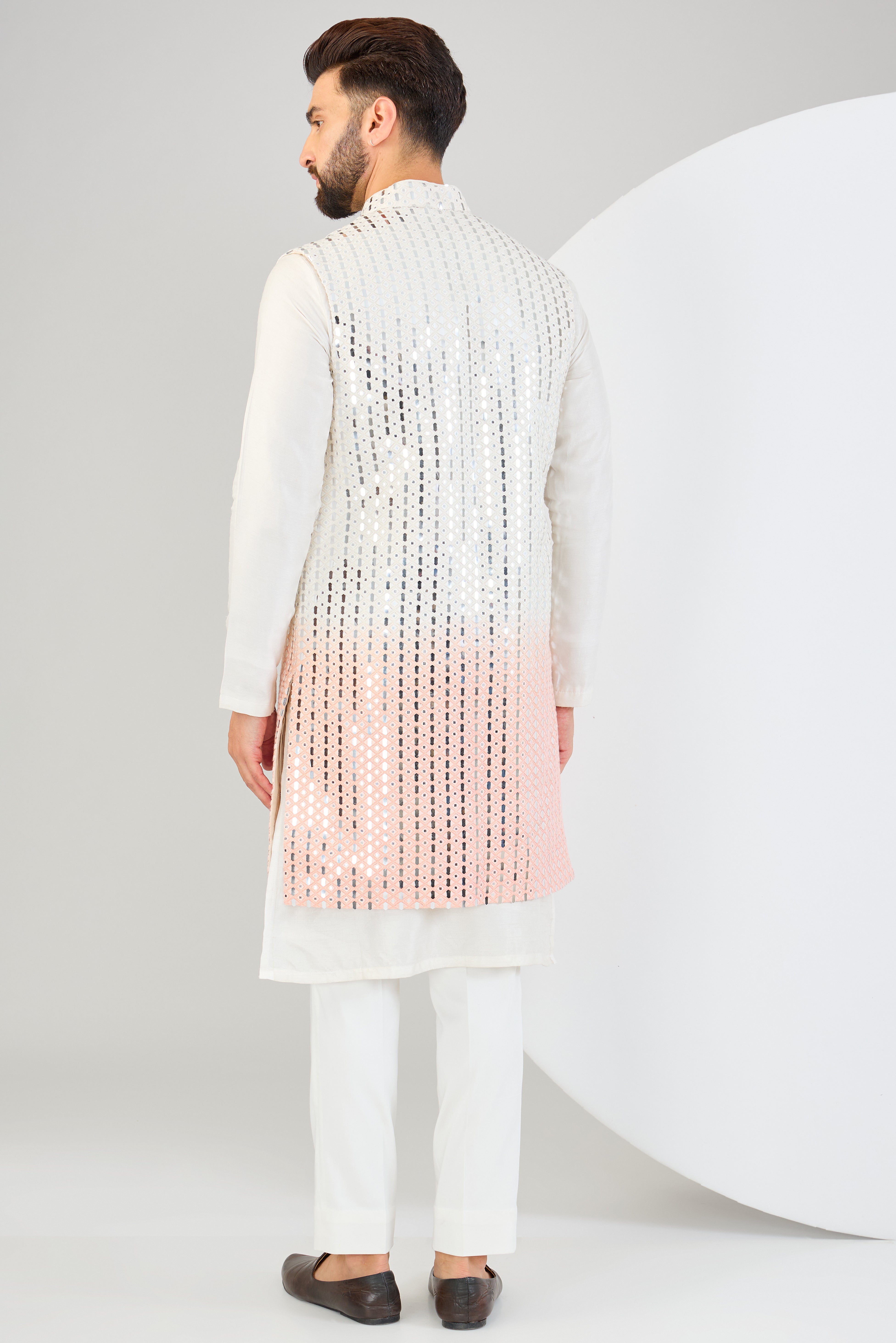 Signature ombre shaded long open jacket with heavy mirror-work. - kasbahmen