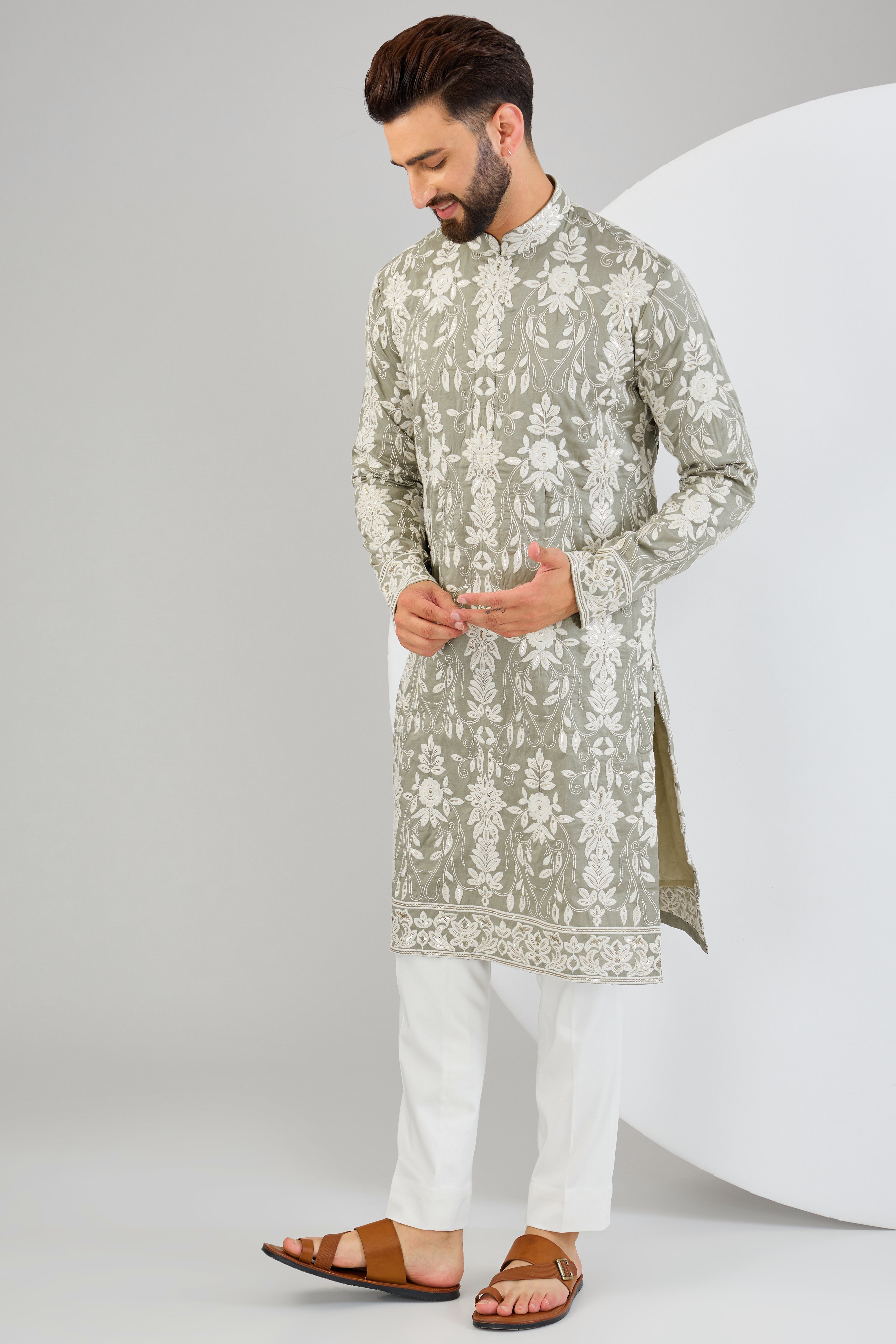 Sage green chikankari kurta with intricate sequin and thread embroidery. - kasbahmen