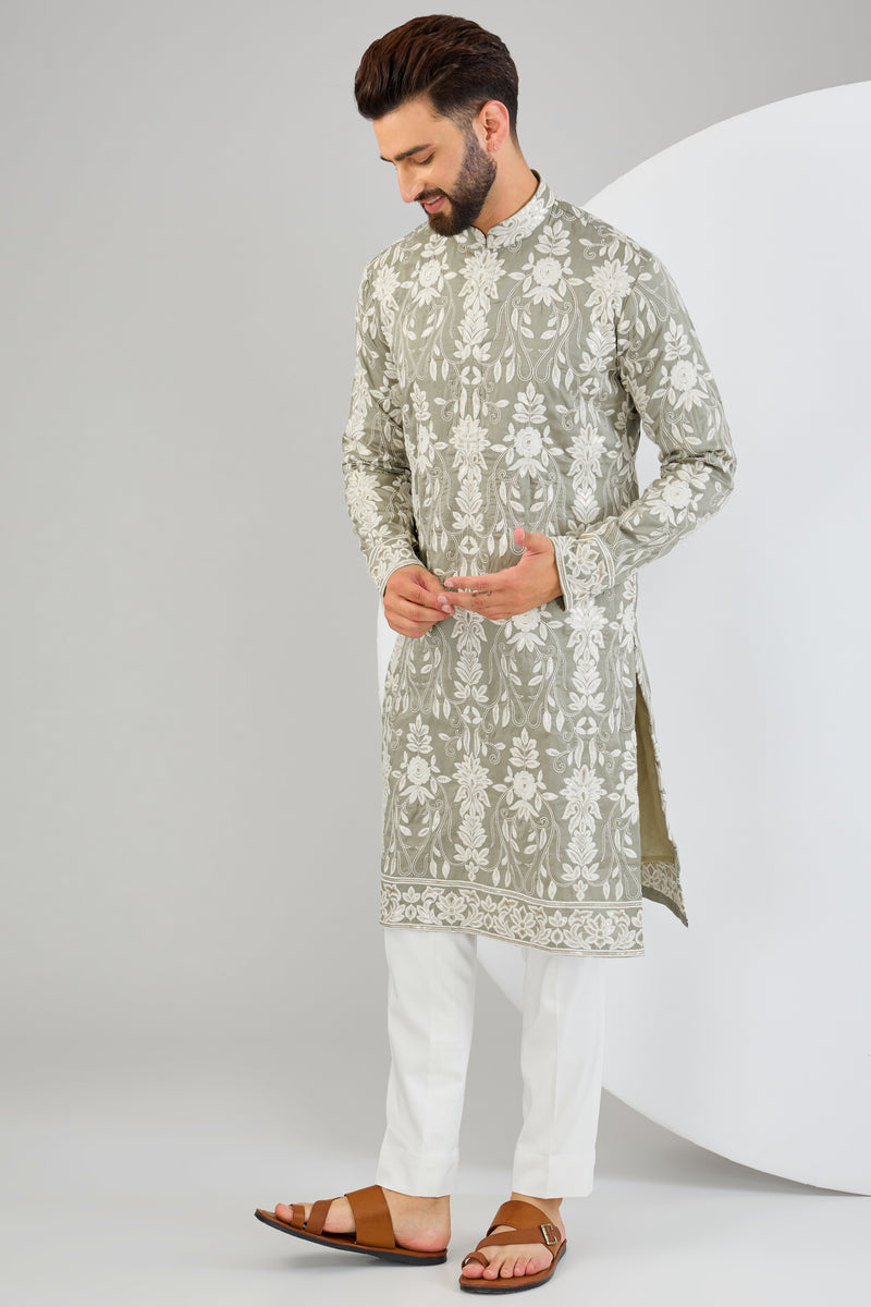 Sage green chikankari kurta with intricate sequin and thread embroidery. - kasbahmen