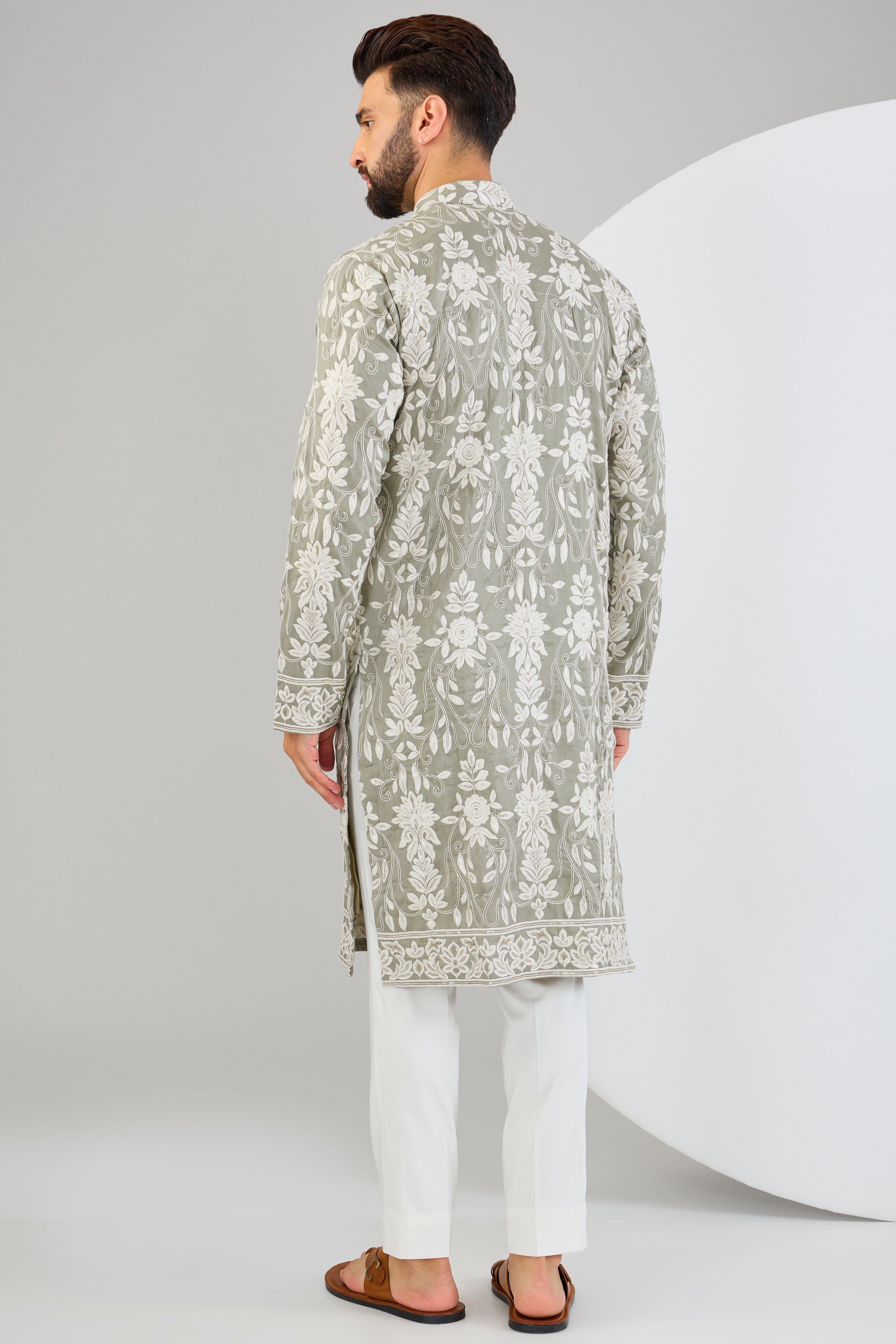 Sage green chikankari kurta with intricate sequin and thread embroidery. - kasbahmen