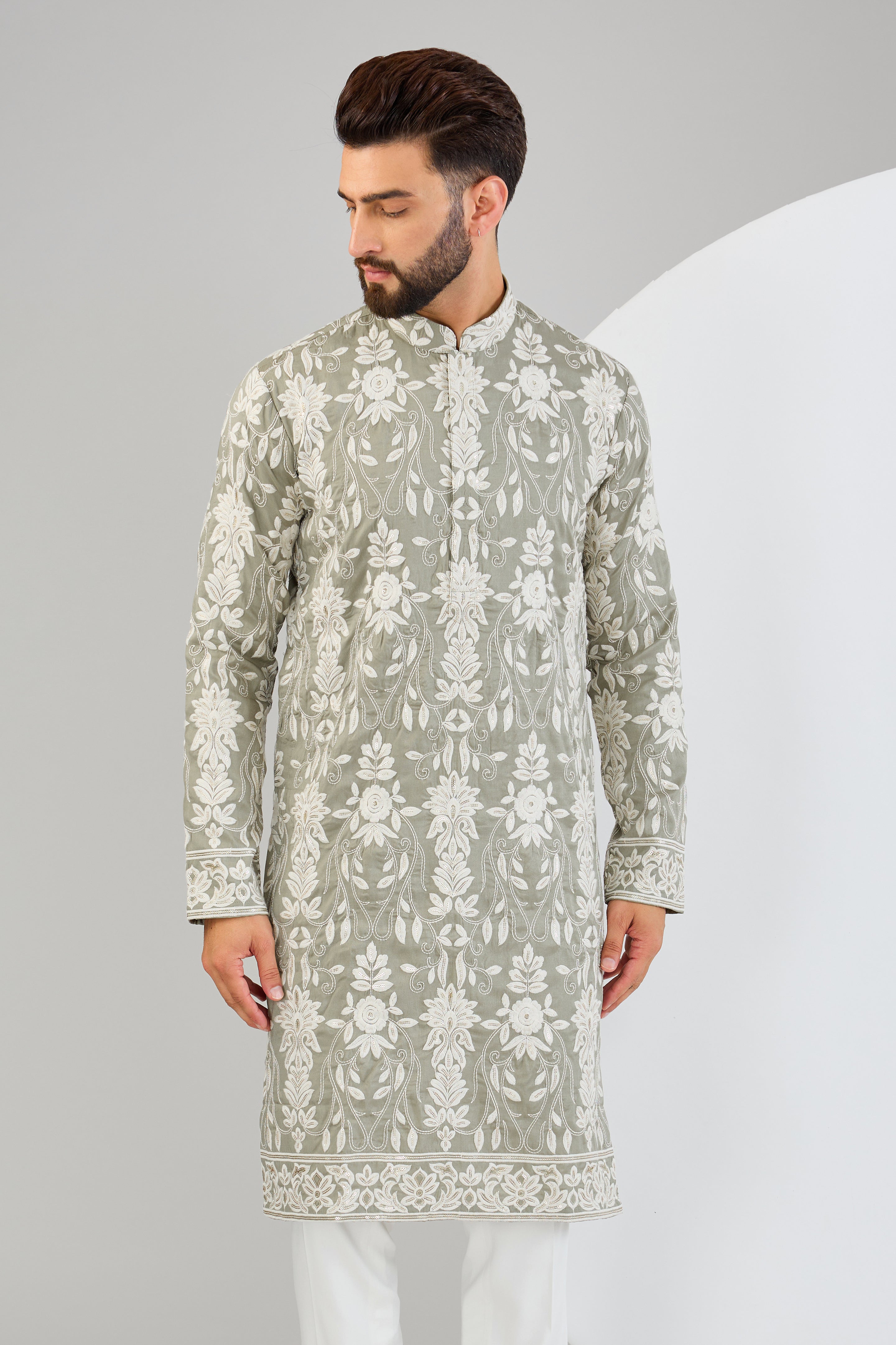 Sage green chikankari kurta with intricate sequin and thread embroidery. - kasbahmen