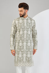 Sage green chikankari kurta with intricate sequin and thread embroidery. - kasbahmen